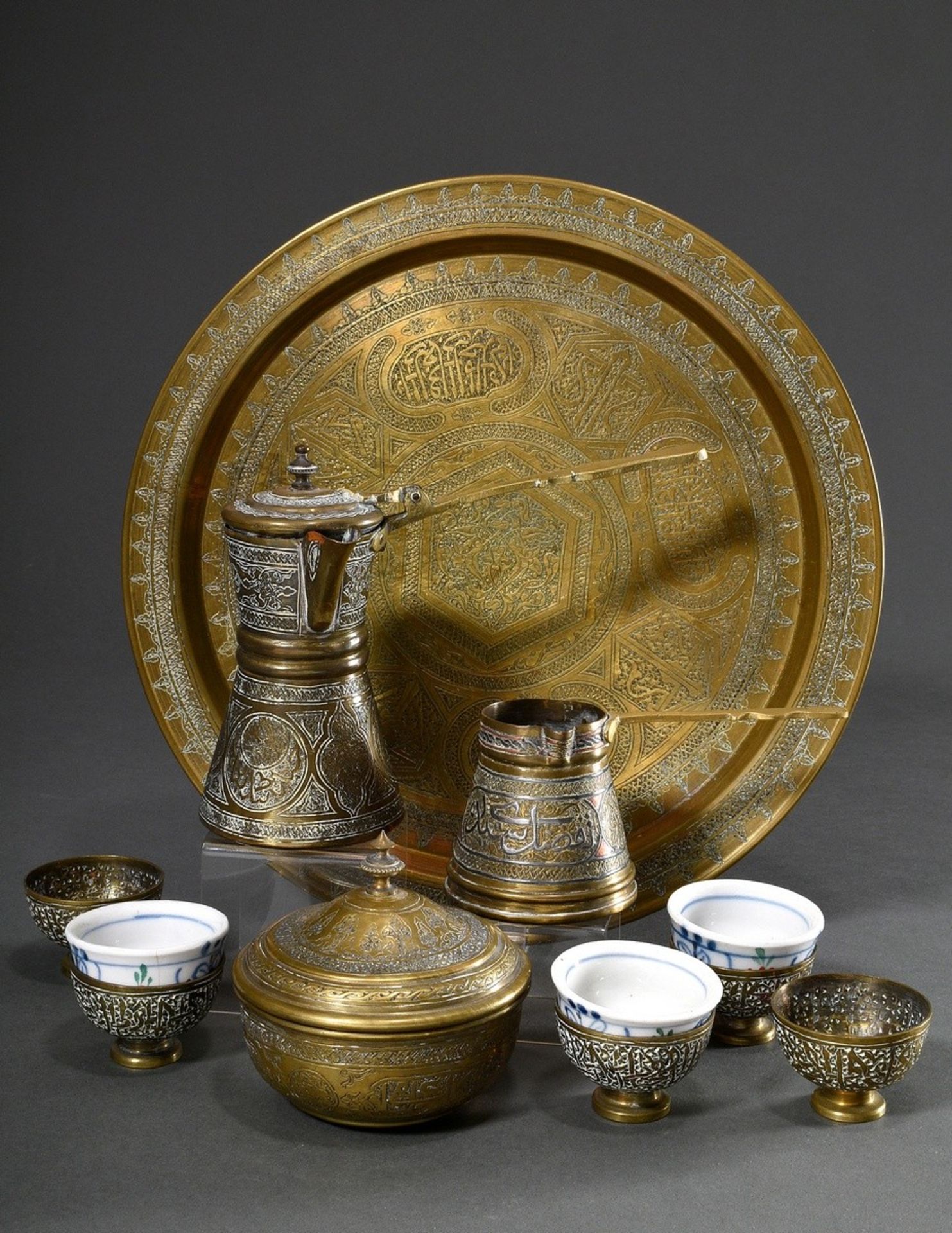 9 piece Ottoman mocha set with richly chiselled decoration "characters and arabesques", c. 1900, co