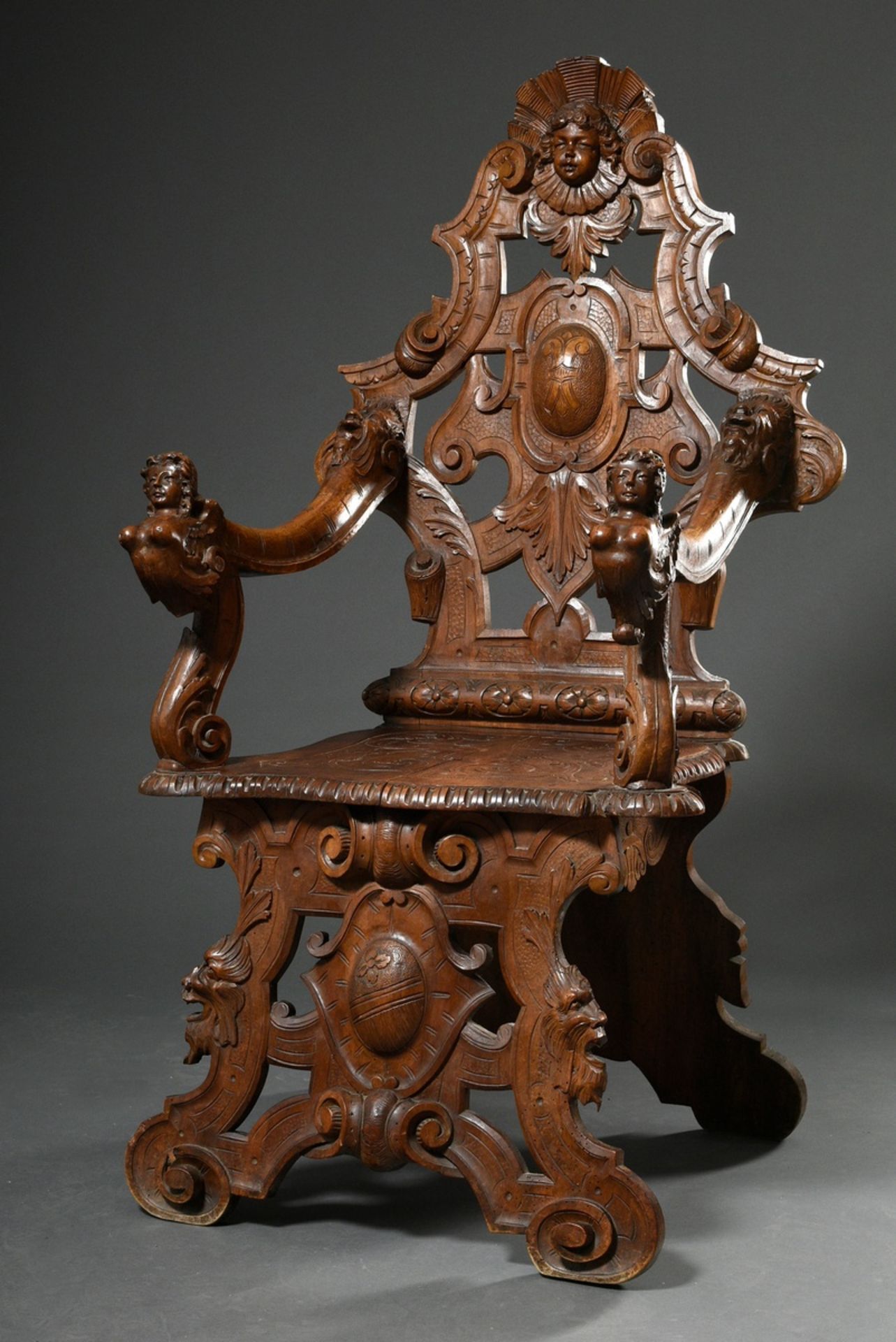 2 pieces Wilhelminian board chair and armchair with opulent carvings "grotesques and masks", h. 46/ - Image 6 of 12