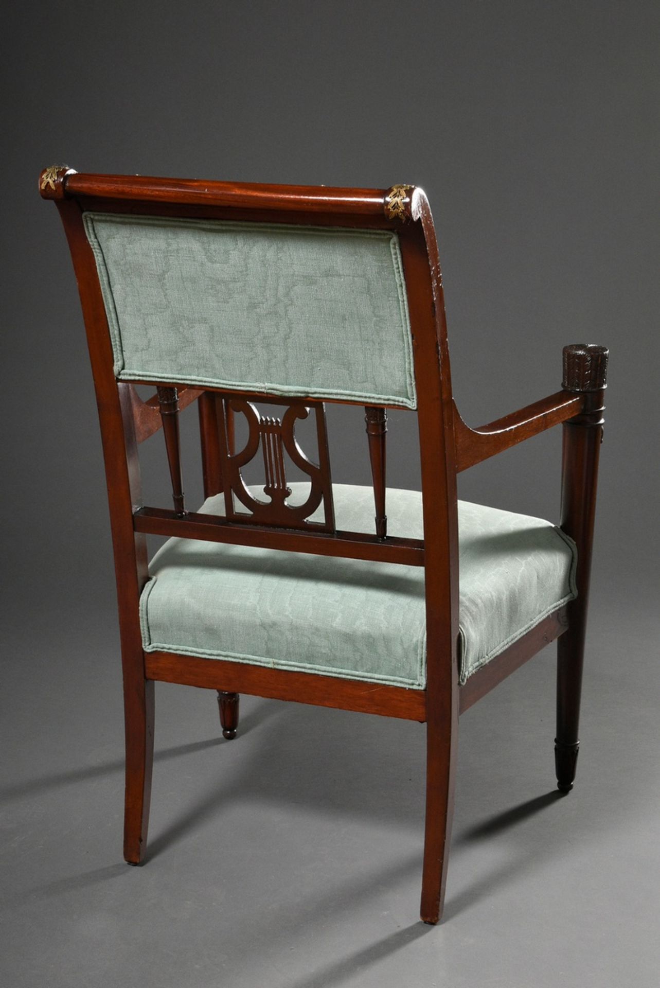 Elegant mahogany armchair in Empire style with fire-gilt fittings and carved lyre in the backrest a - Image 9 of 9