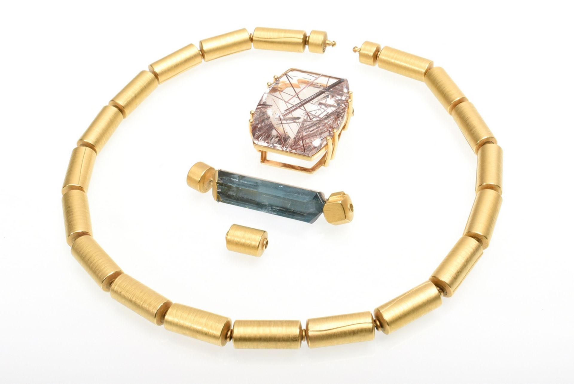 4 pieces avant-garde GG 900 tube necklace (68,8g, l. 44cm) with 3 different clasps: rutile quartz p