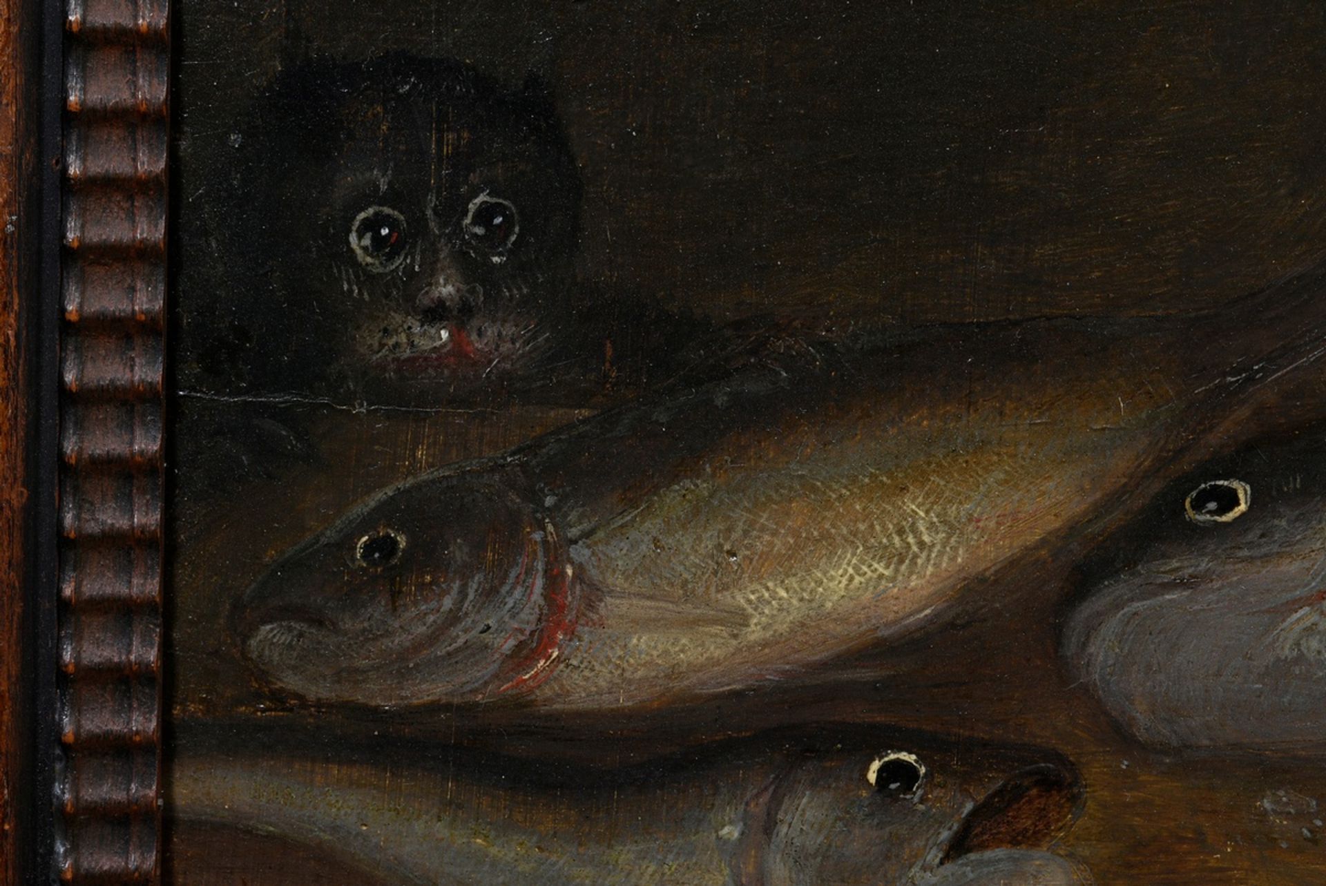 Monogramist F.V.L. (17th c.) "Fish Still Life with Cat", oil/wood, in the manner of Pieter van Bouc - Image 4 of 7