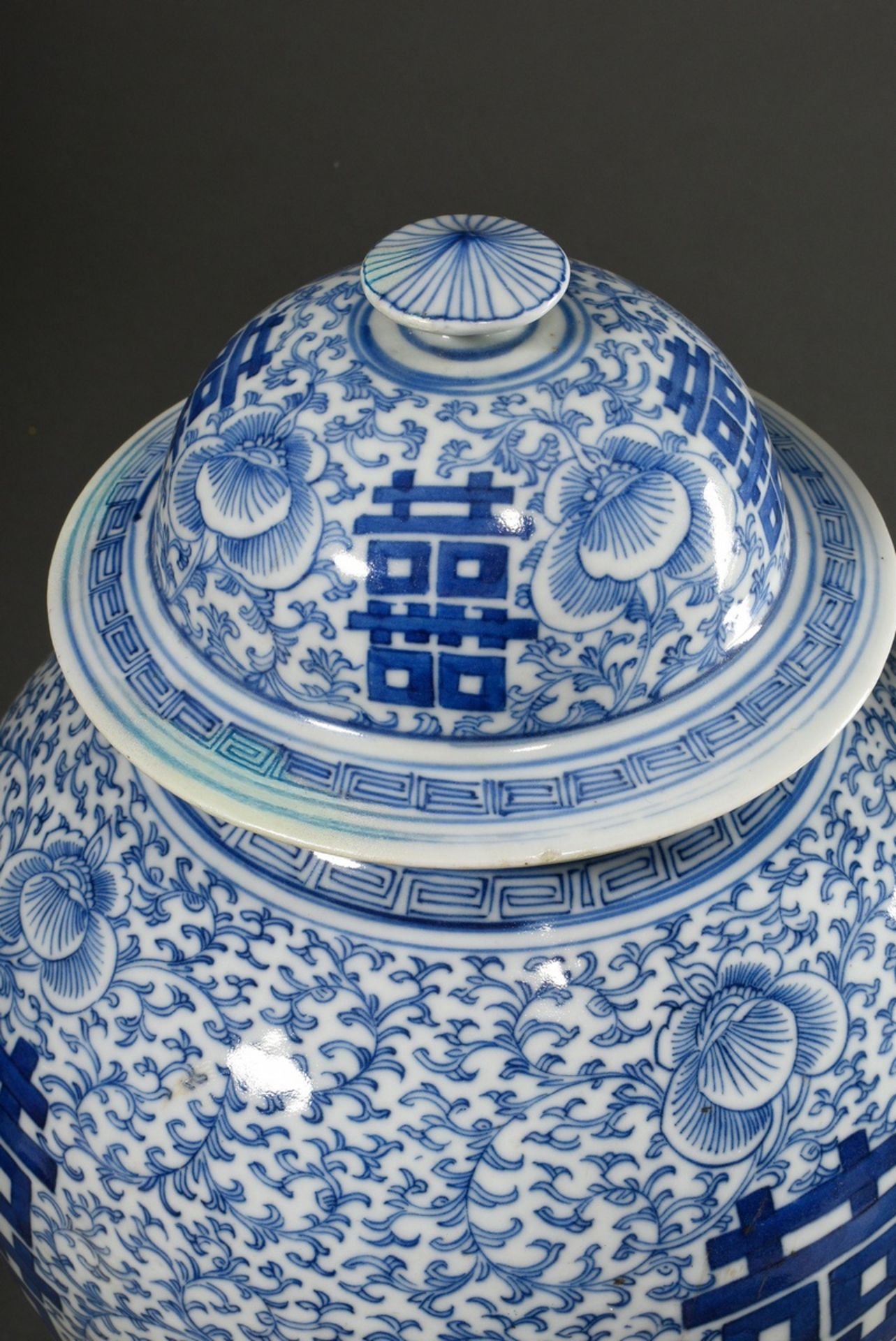 Pair of large Chinese porcelain lidded vases in baluster form with floral blue-and-white painting a - Image 3 of 14