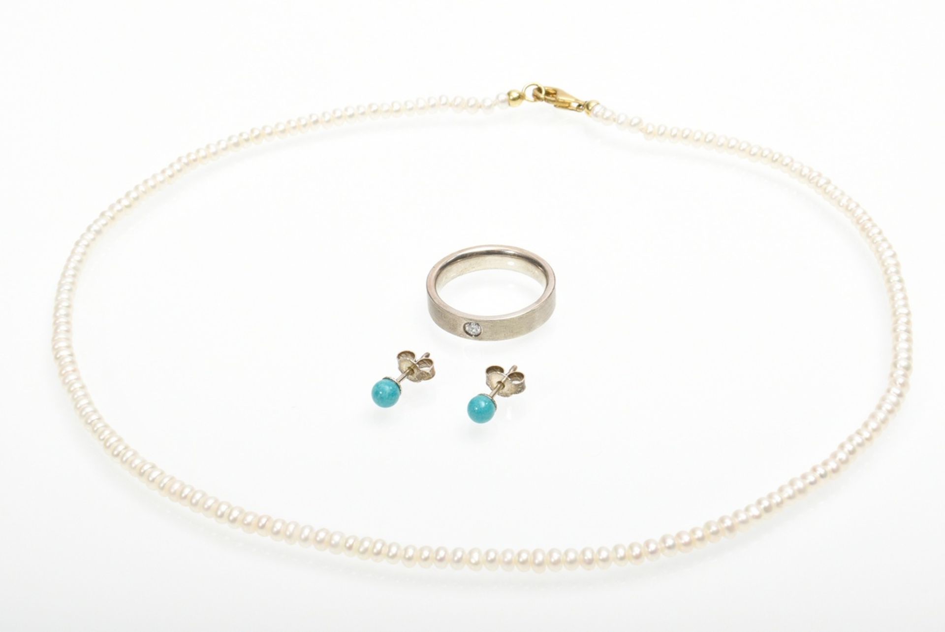 4 pieces of delicate diamond and pearl amazonite jewellery: 1x silver 925 ring with diamond (approx - Image 2 of 7