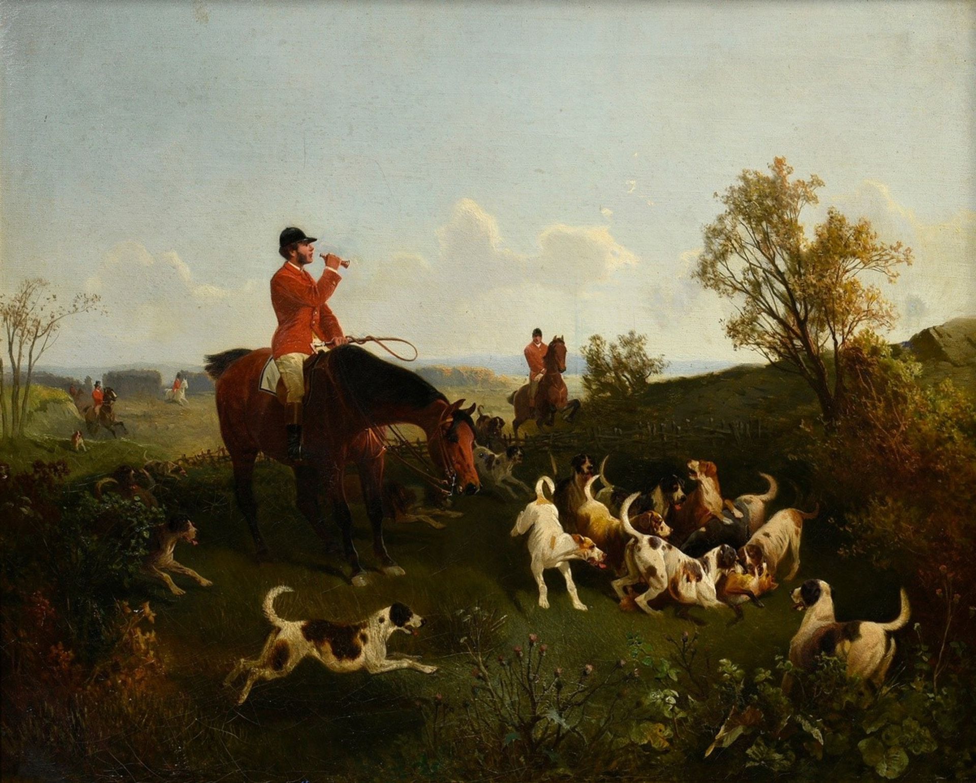 Unknown artist of the late 19th c. "Par force hunt rider and pack with fox", oil/canvas, 53,5x68,5c