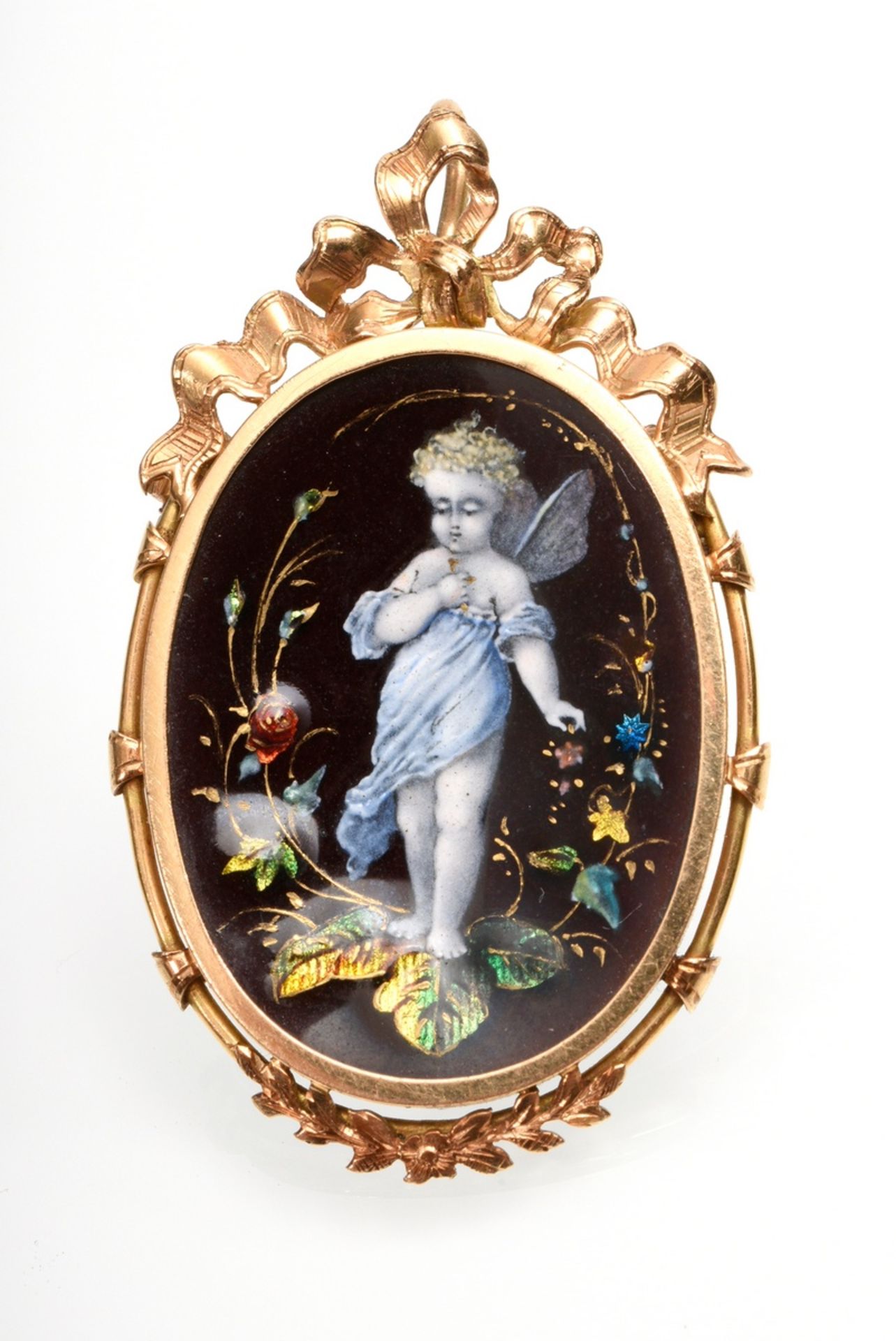 Delicate pink gold 585 pin pendant with fine enamel painting "Putto" on brown background, circa 189