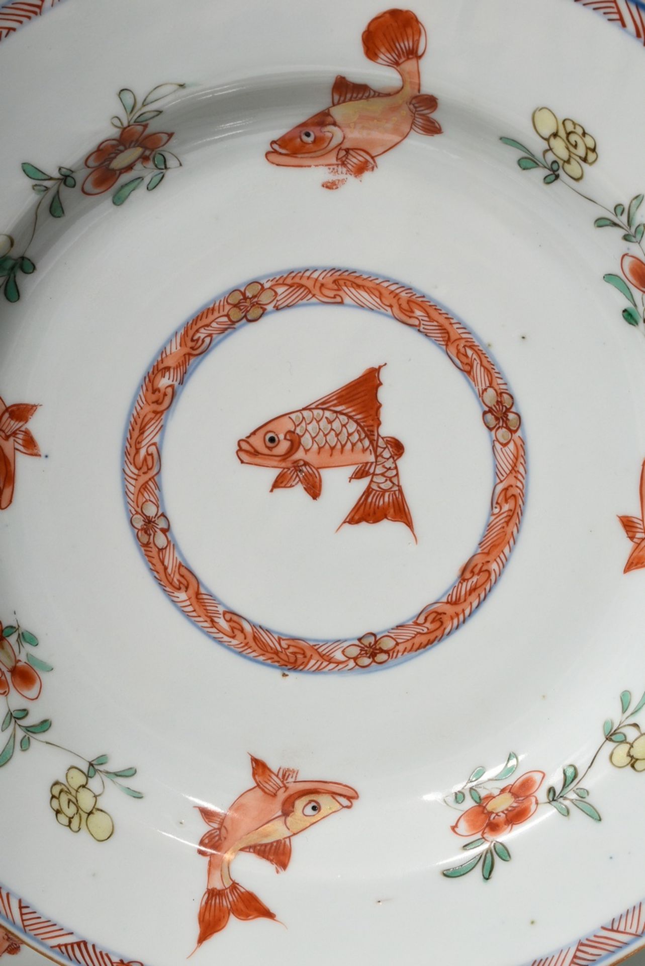 6 Various Wucai Chine de Command Plates "Carp and Flower Decor", partial gilding, China QIng Dynast - Image 2 of 6