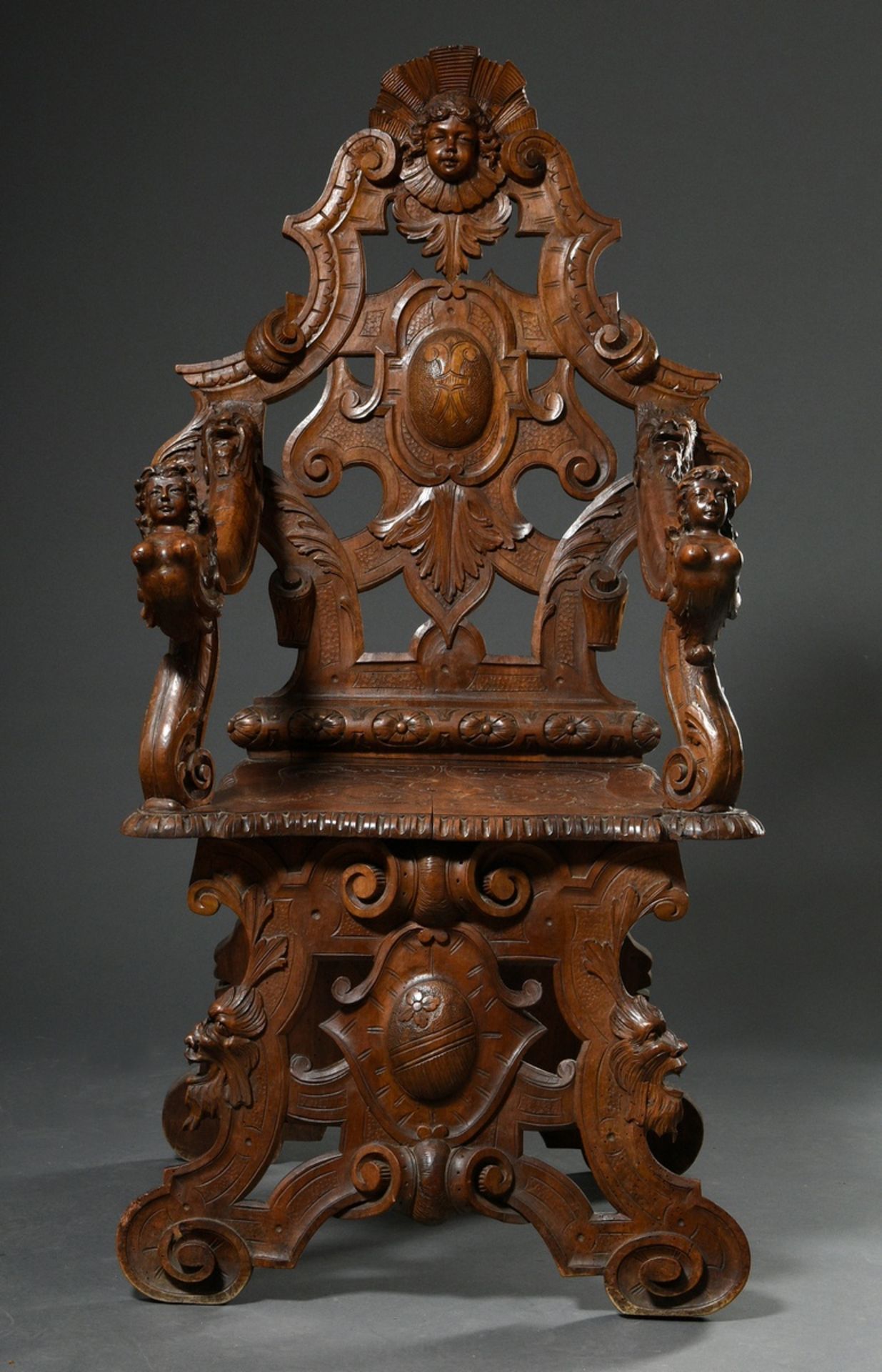 2 pieces Wilhelminian board chair and armchair with opulent carvings "grotesques and masks", h. 46/ - Image 7 of 12