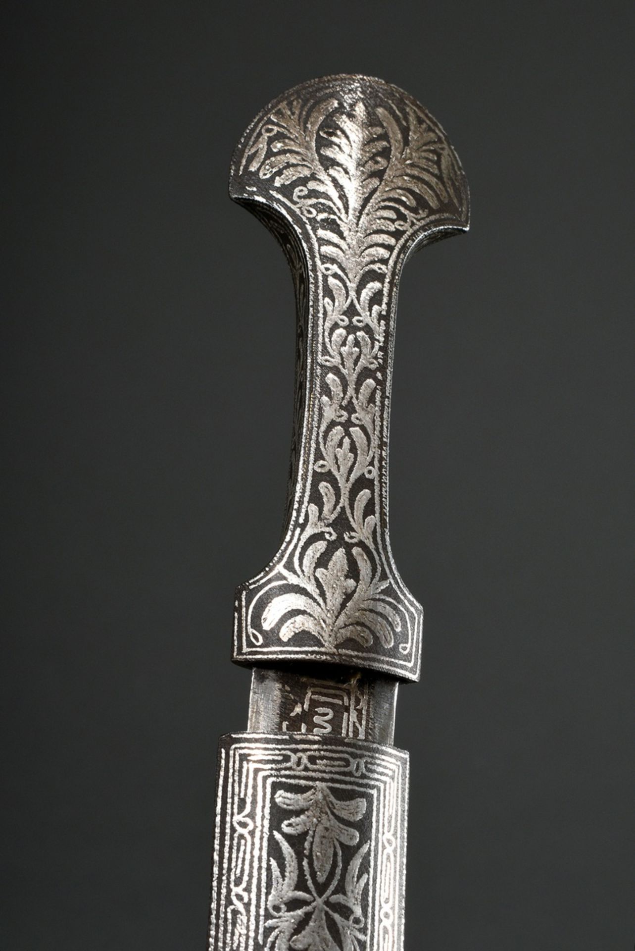 Mughal dagger with silver-inlaid floral motif on handle and scabbard and double-edged blade with in