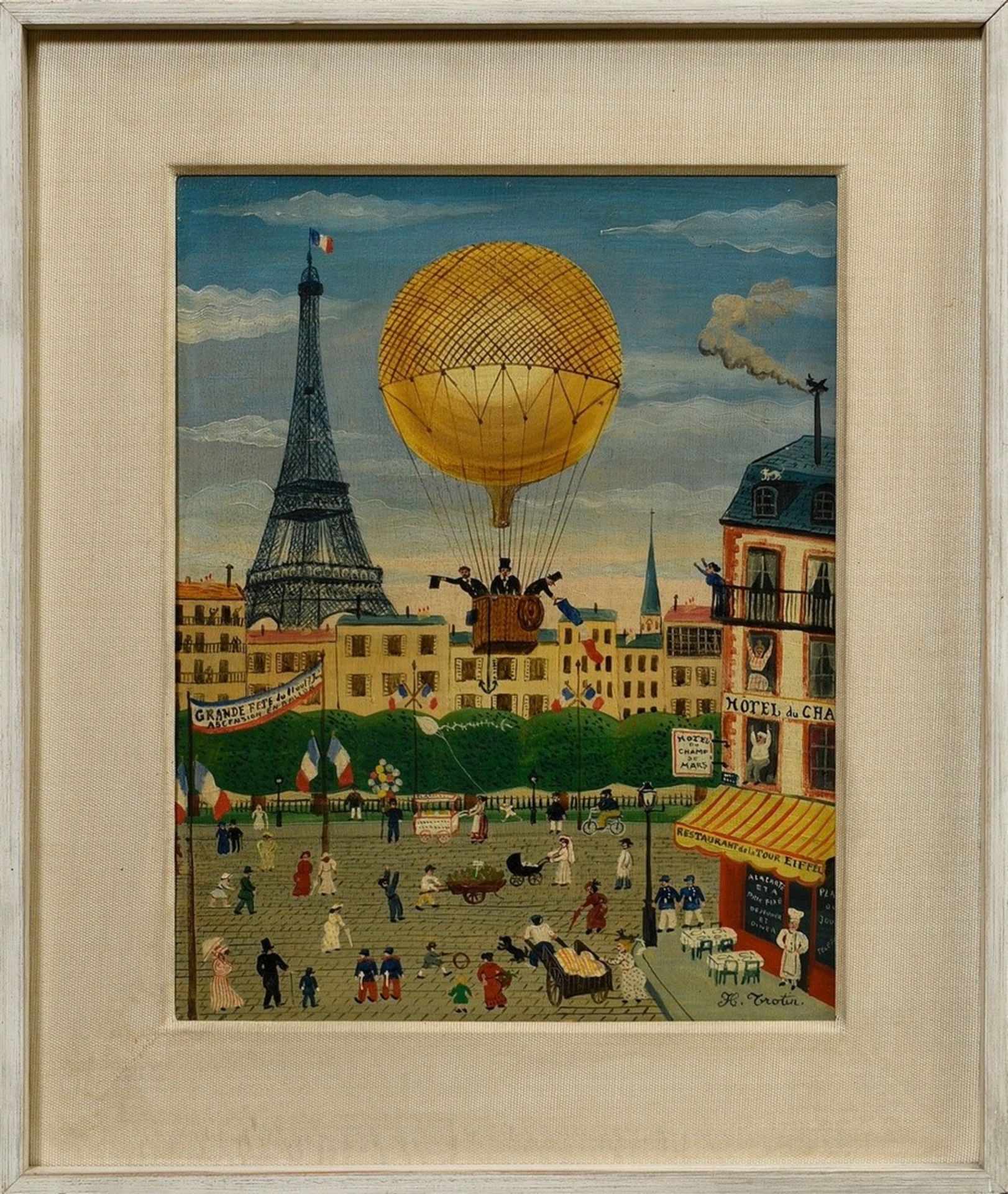 Trotin, Hector (1894-1966) "Balloon over Paris", oil/wood, b.r. sign., verso adhesive label "Kunsth - Image 2 of 5