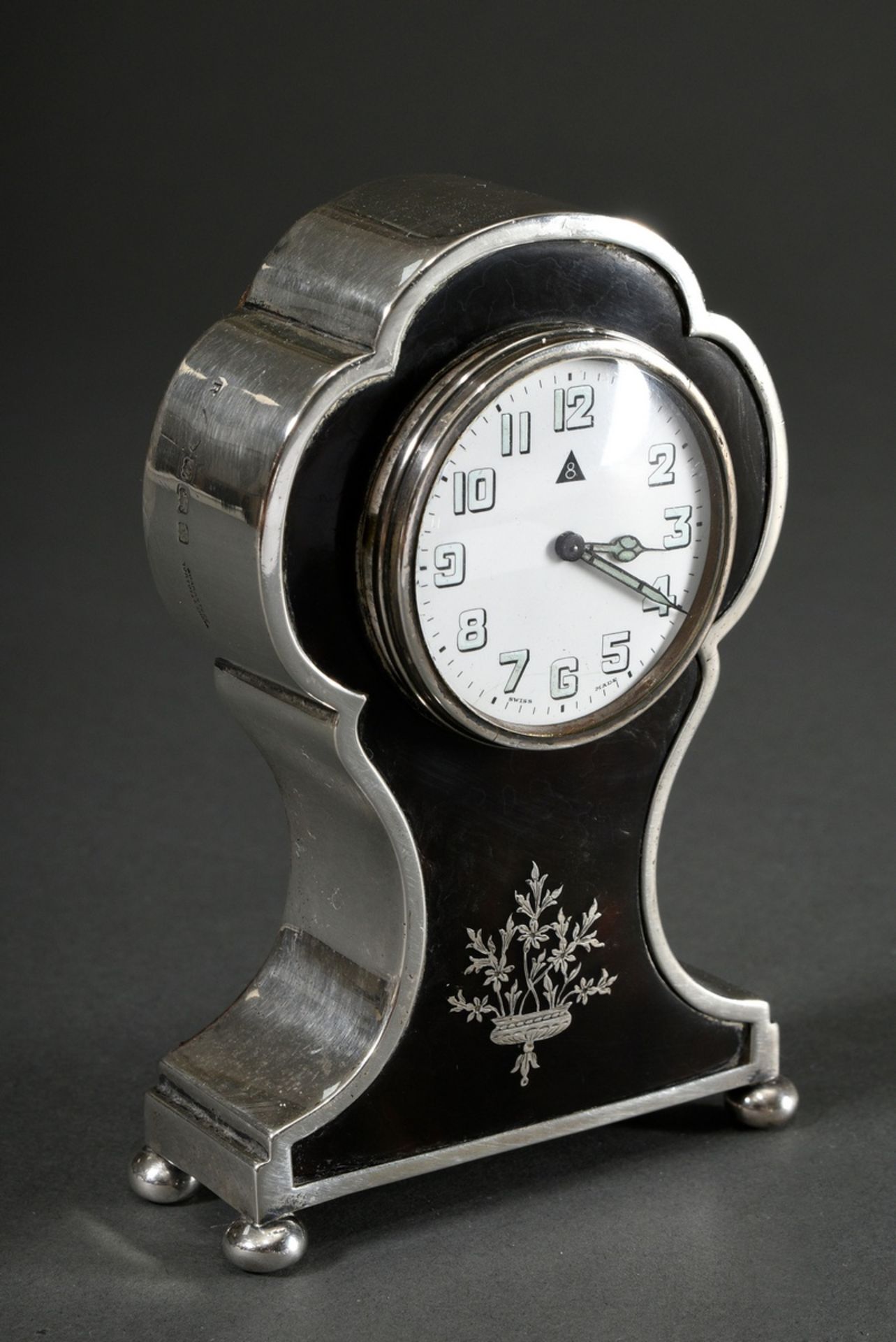 Kleiner englischer Wecker mit Schweizer Uhrwerk, Schildpatt Front und Silber 925 Montierung sowie f
