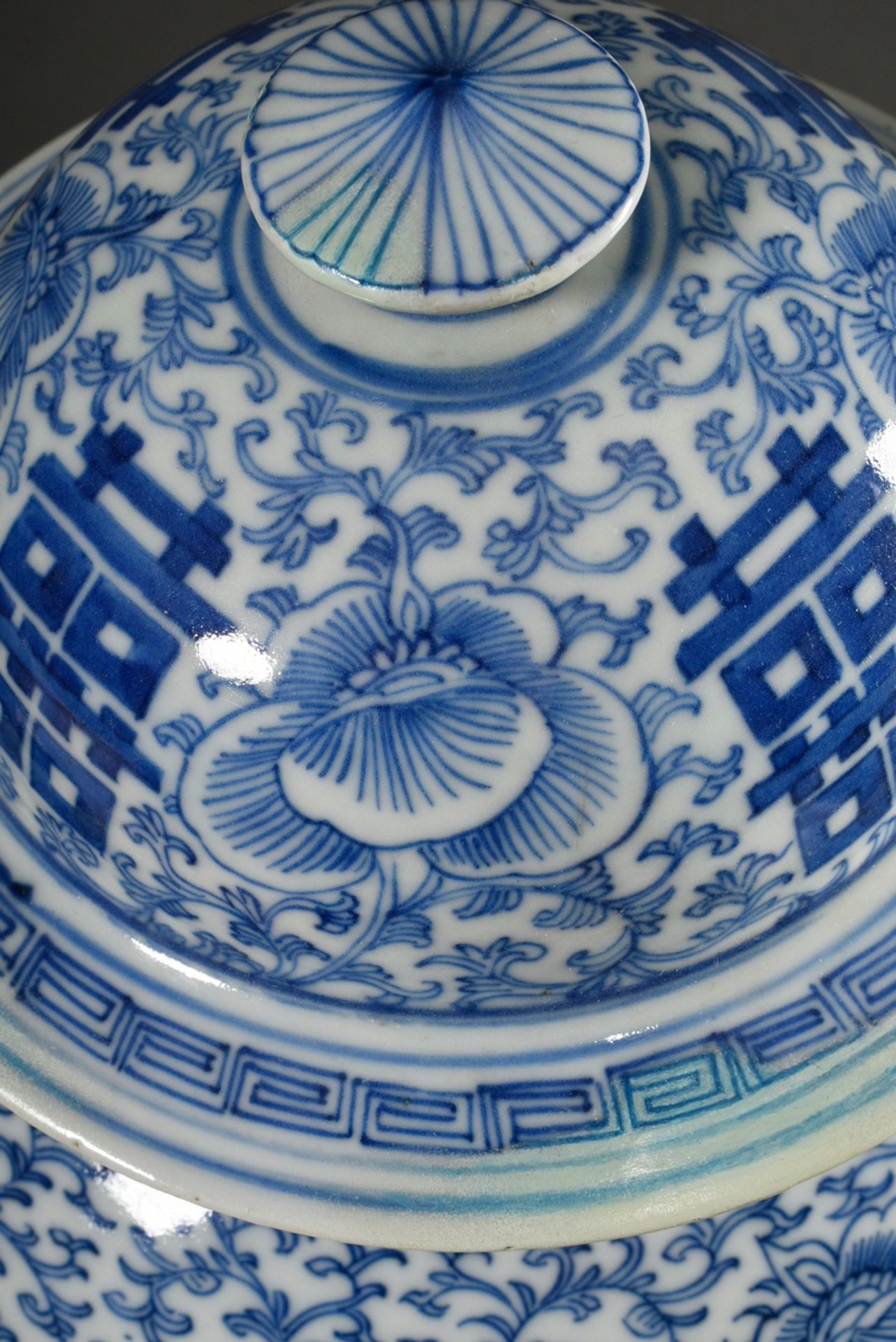 Pair of large Chinese porcelain lidded vases in baluster form with floral blue-and-white painting a - Image 6 of 14