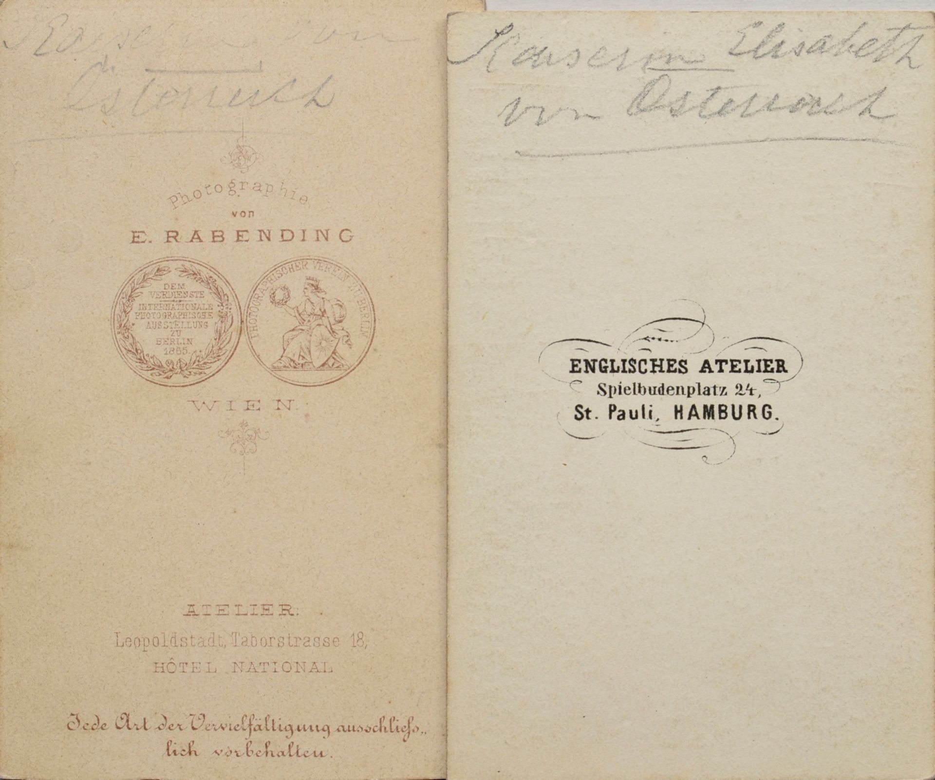 2 photographs "Empress Elisabeth "Sisi" v. Austria", Carte de Visite, verso inscribed "Rabendinck u - Image 2 of 2