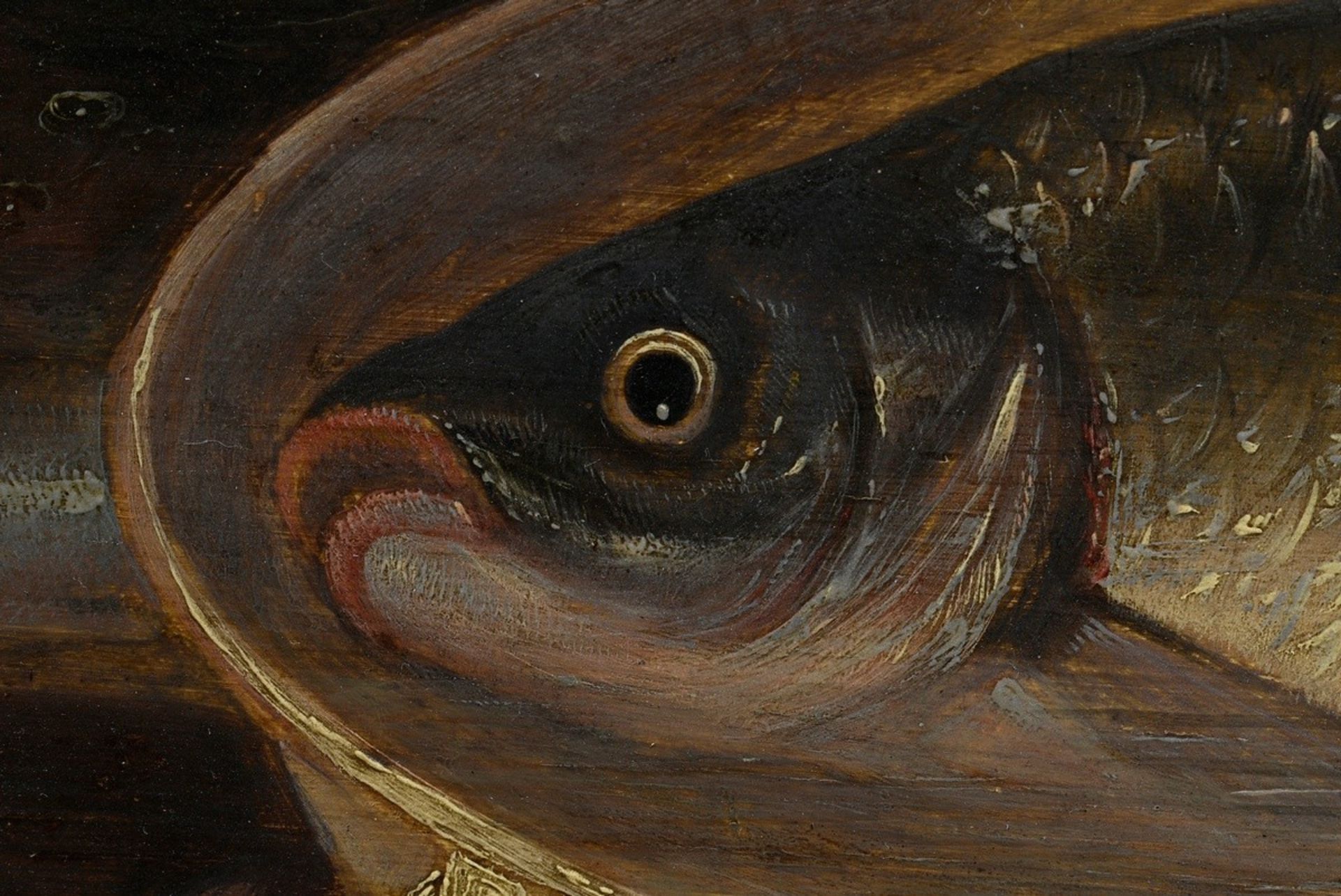 Monogramist F.V.L. (17th c.) "Fish Still Life with Cat", oil/wood, in the manner of Pieter van Bouc - Image 3 of 7