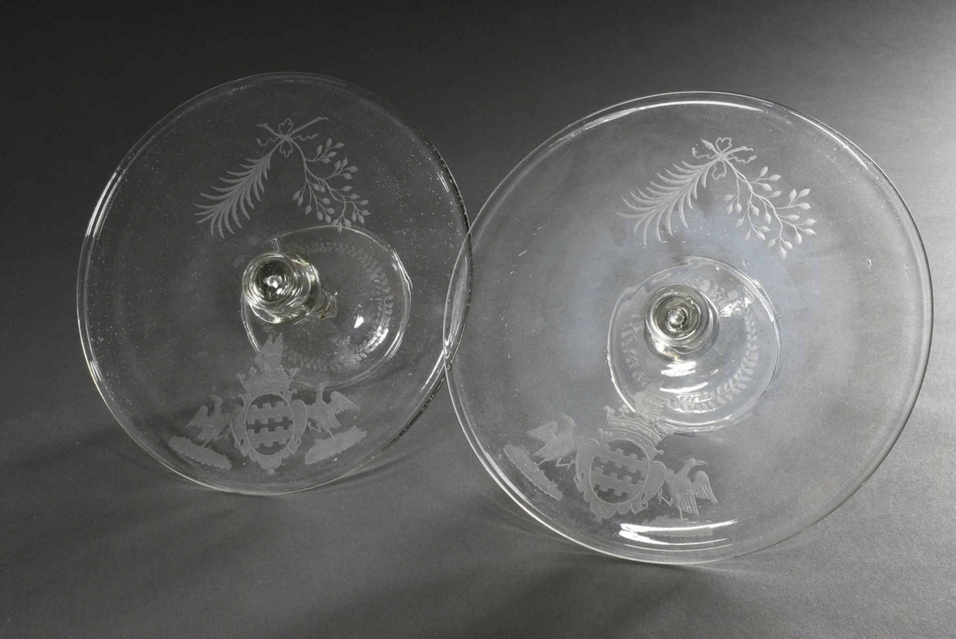 Pair of antique glass tazzes on a hollow blown baluster with fine engraved decoration "noble coat o - Image 3 of 4