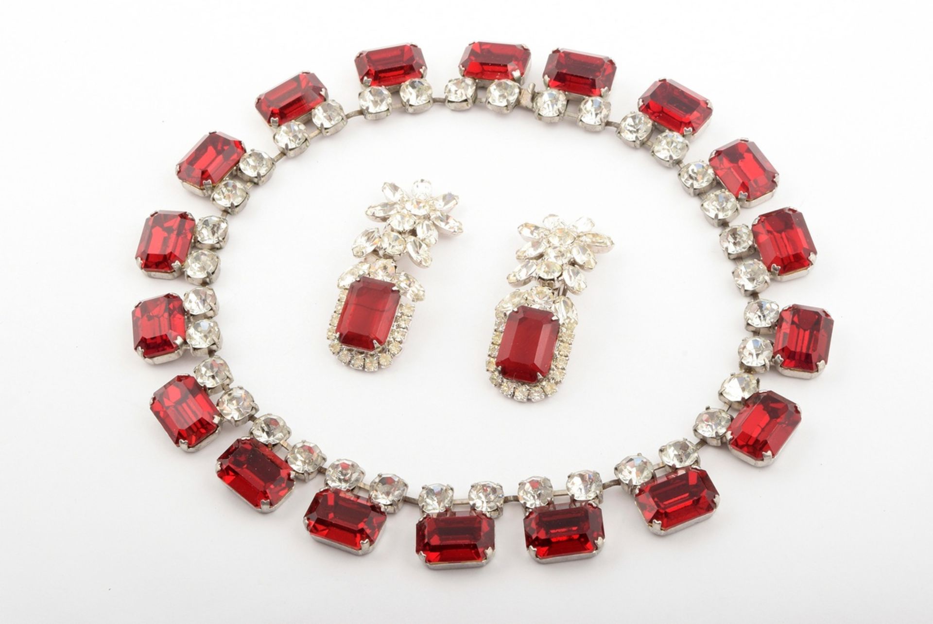 3 pieces of opulent Midcentury costume jewellery made of white metal with red and white rhinestones - Image 2 of 5