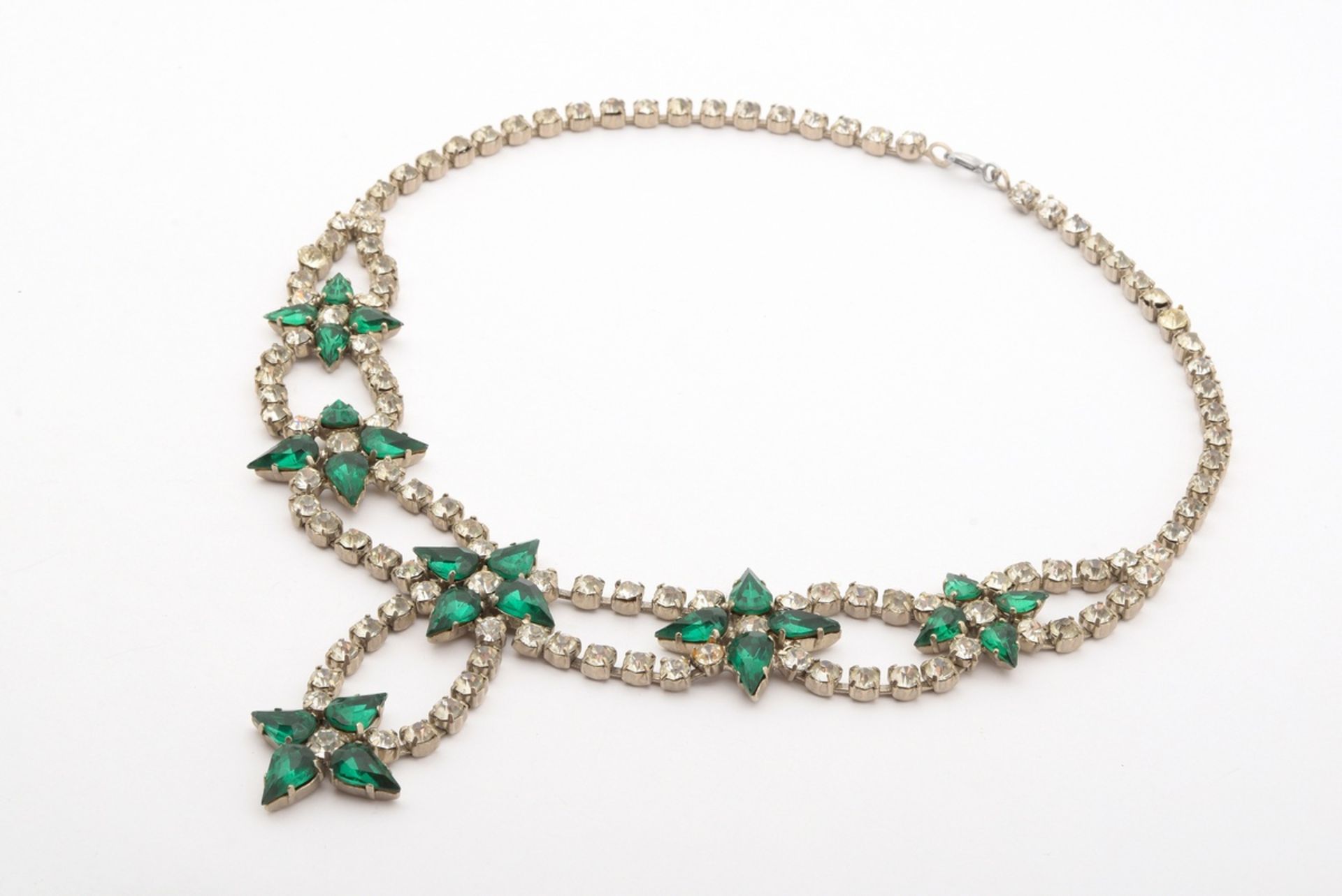 3 pieces vintage costume jewellery in white metal with green and white rhinestones: 1x star necklac - Image 3 of 9