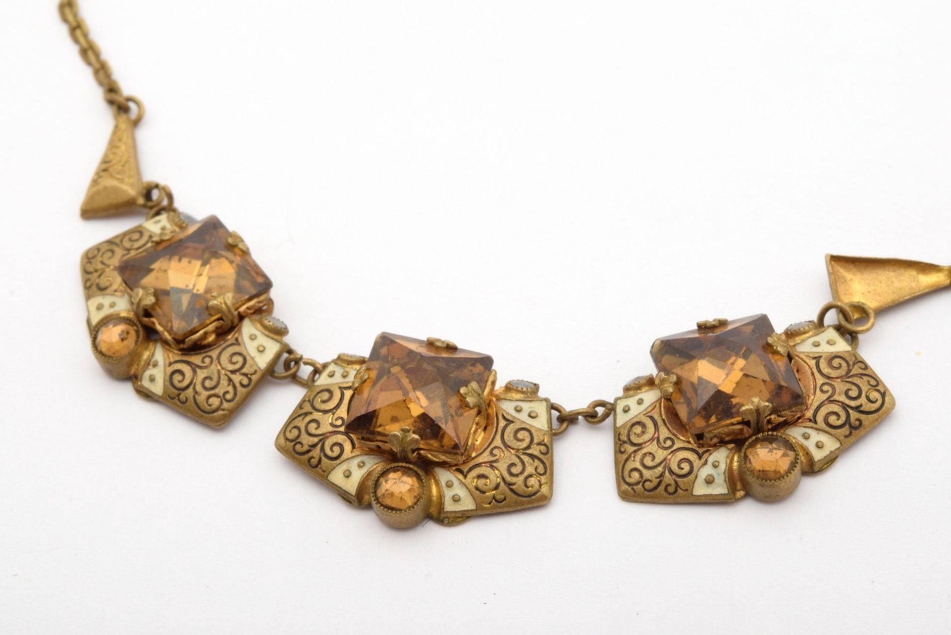 5 pieces of gold-plated costume jewellery with rhinestones and glass stones: 1x necklace, c. 1920,  - Image 6 of 12