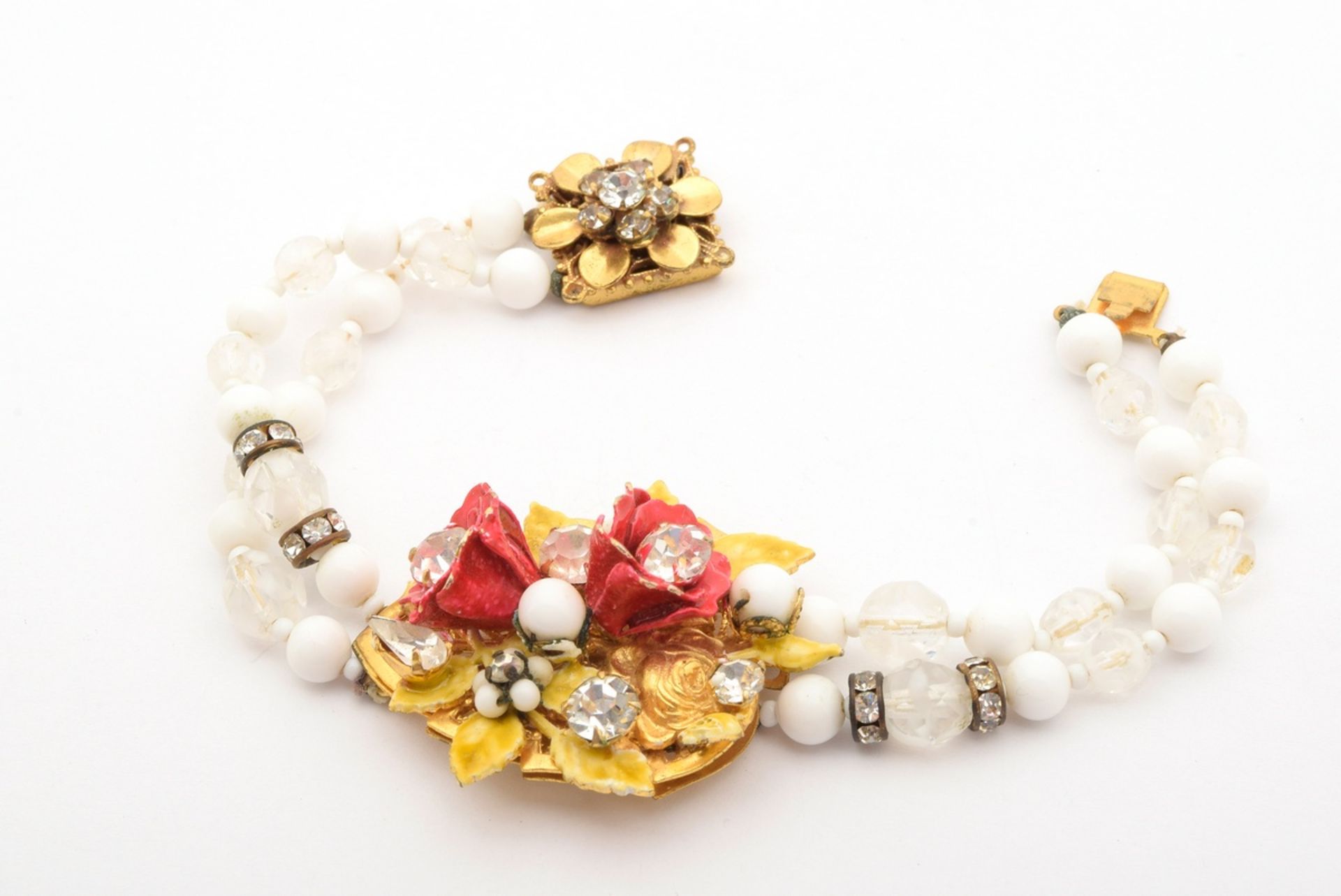 4 pieces costume jewellery set with enamel, rhinestones, glass beads and plastic beads, around 1950 - Image 7 of 9