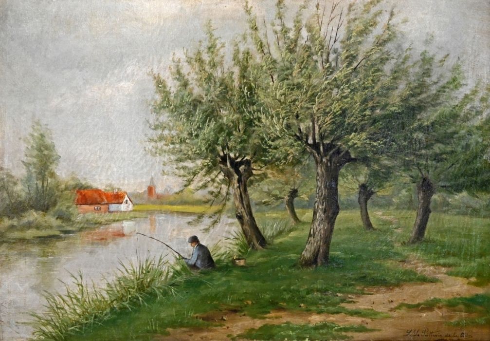 LE POITTEVIN  "Flußlandschaft mit Angler"