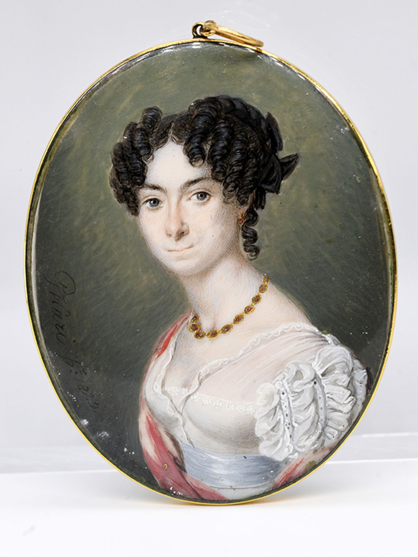 Empire-Damenbildnis-Miniatur (sign. "G/Pilari"?), wohl Frankreich oder England, 1823. Gouache auf