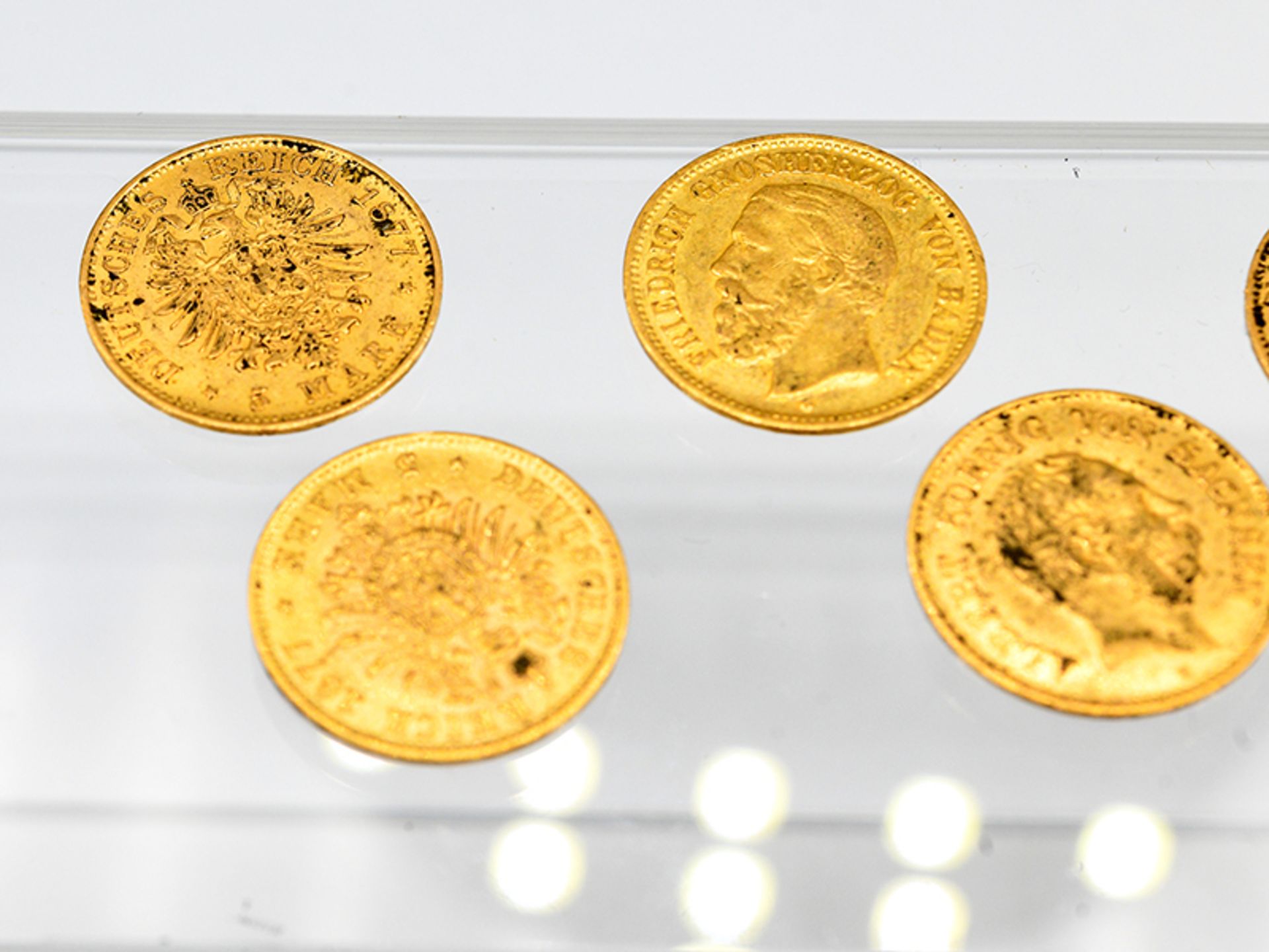 10 Goldmünzen "5 Mark", Deutsches Kaiserreich/Preußen, Sachsen, Bayern, Württemberg, Baden, Hamburg, - Bild 2 aus 8