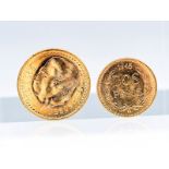2 kleine Goldmünzen "2 Pesos"/"2 1/2 Pesos", Mexico 1945. 900/- Feingold; Gewicht "2 Pesos" ca. 1,