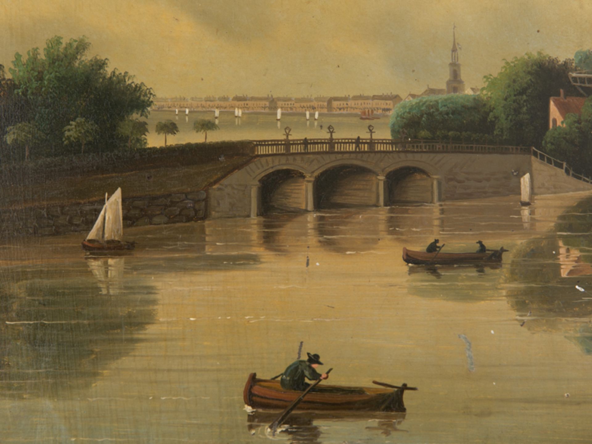 Lackmalerei auf Metall "Lombardsbrücke in Hamburg mit Alster", um 1860. Polychrome Lackmalerei auf - Image 2 of 3