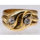 Jugendstil-Schlangenring mit Altschliff-Diamanten und Diamantrosen, zus. ca. 0,37 ct, England, um