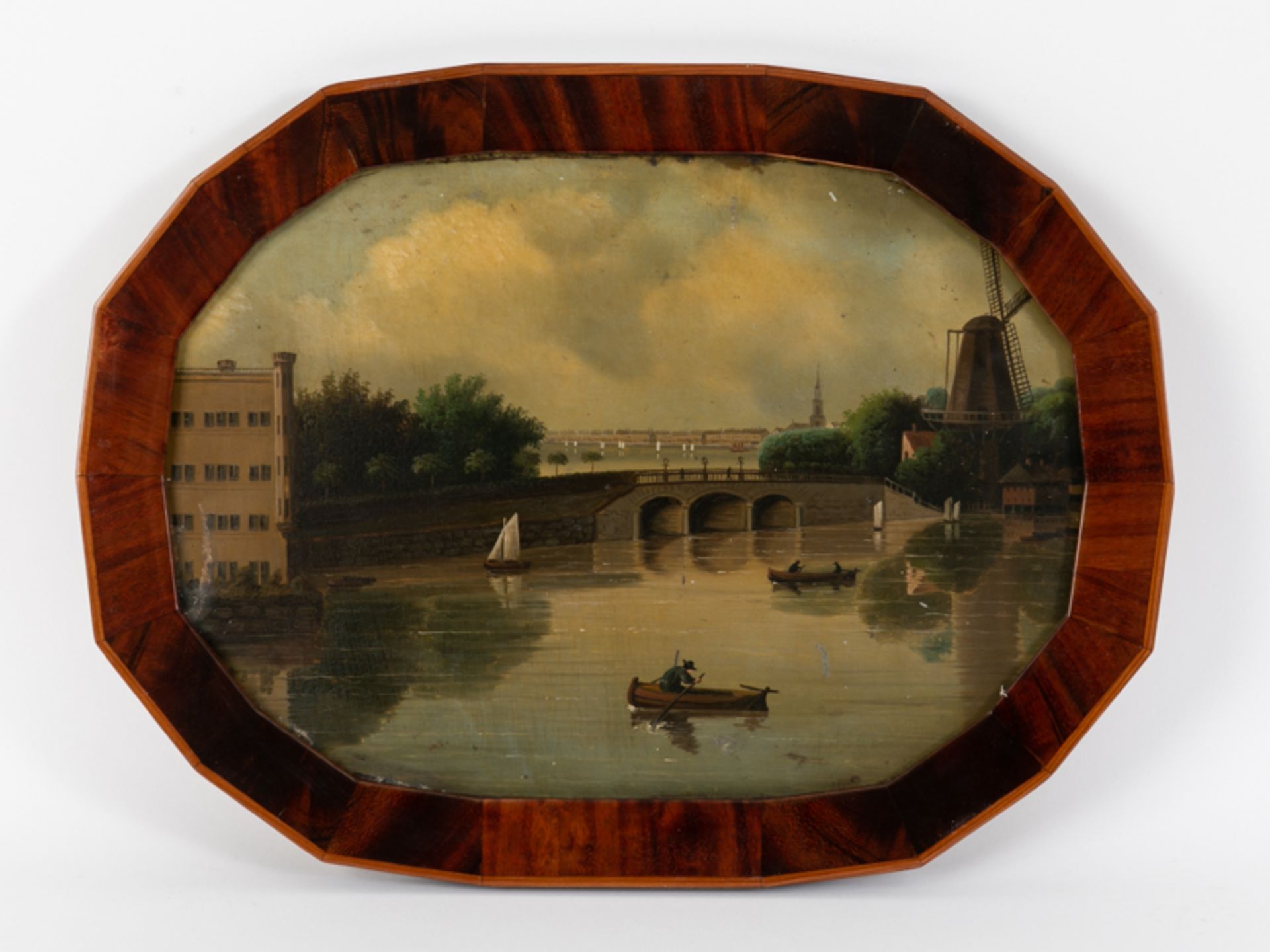 Lackmalerei auf Metall "Lombardsbrücke in Hamburg mit Alster", um 1860. Polychrome Lackmalerei auf