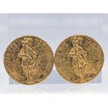 2 Goldmünzen "Stadtdukaten Hamburg", 1864. 986/- Feingold, Gewicht jeweils ca. 3,2 g; vorderseitig