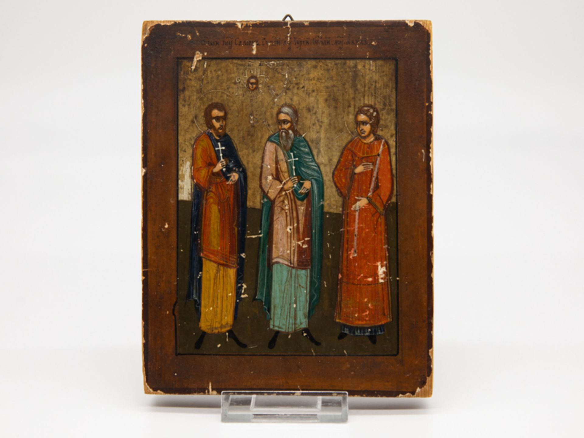 Kleine Ikone "3 Heilige", wohl Rußland, 19. Jh. Temperamalerei auf (Weich)Holz; 3 stehende