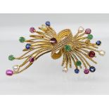 Feuerwerk-Brosche mit Perlen, Saphiren, Rubinen, Chrysoberyll-Katzenaugen und Smaragden, indische Go