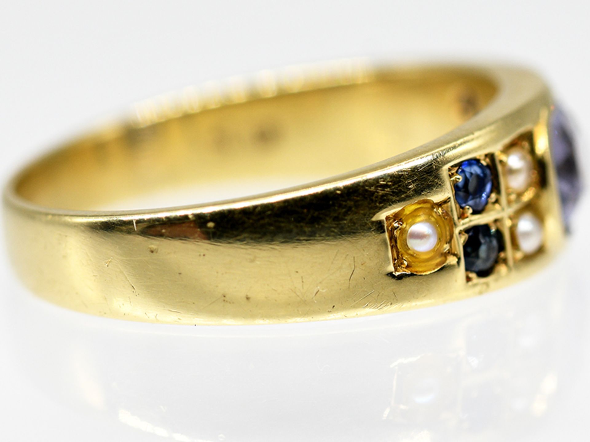 Ring mit blauen Farbsteinen und kleinen Keshi-Halbperlen, um 1900. - Image 3 of 5