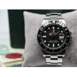 Seltene Herrenarmbanduhr, ROLEX "GMT-MASTER", Oyster, Ref.-No. 16750, Hamburg, erworben 1983.