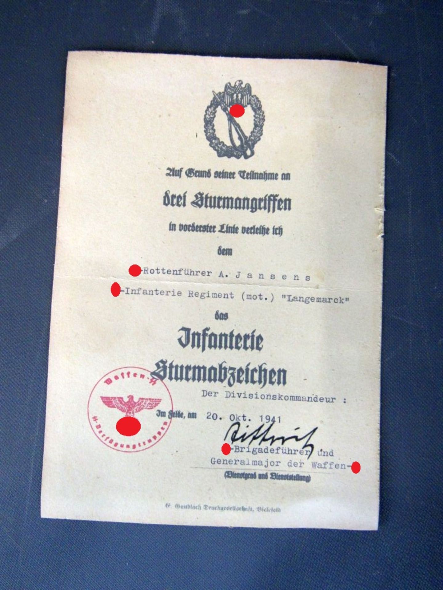 Urkunde SS für das Infanterie