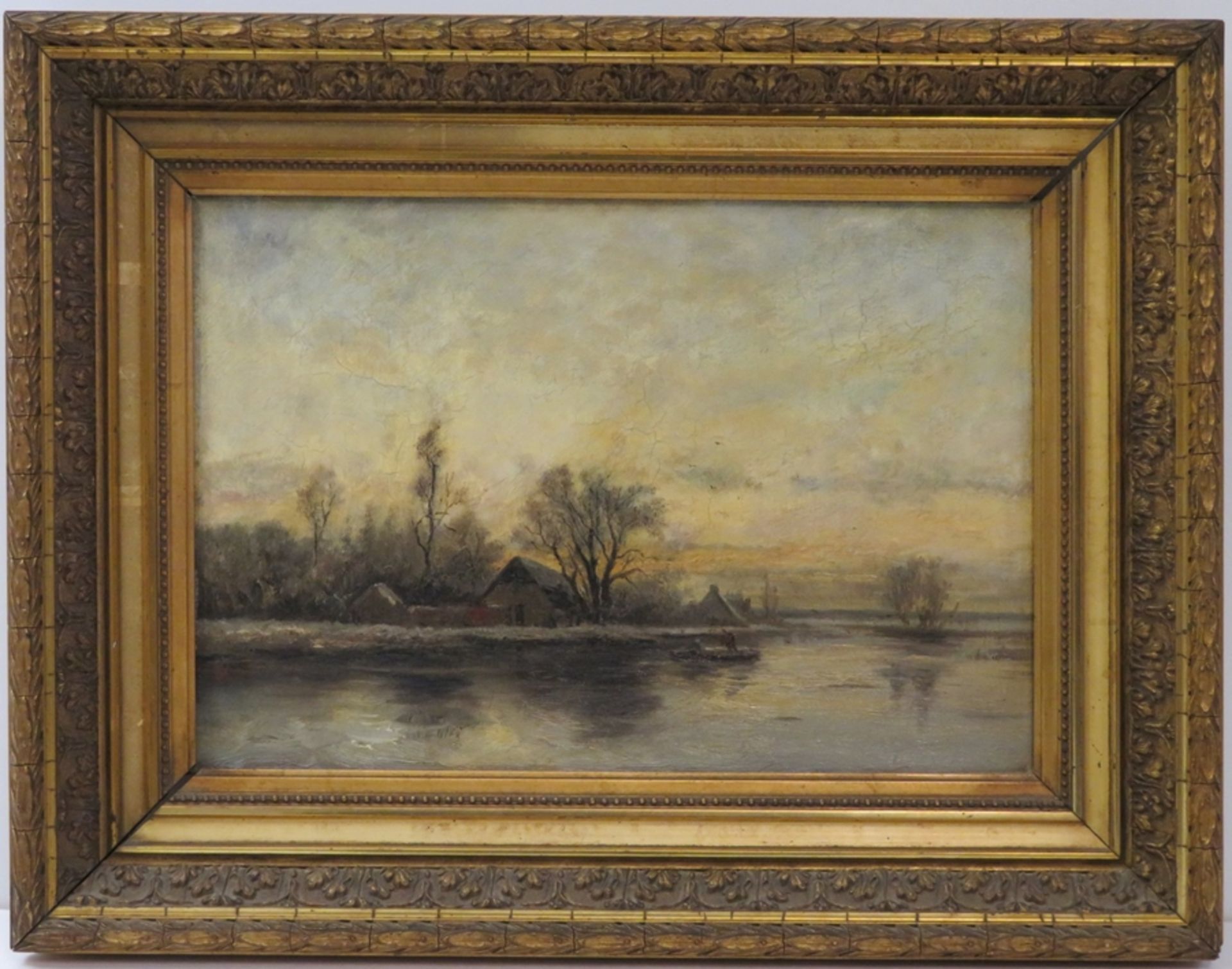 Niederlande, um 1900, "Winterlandschaft am See", li.u.unles.monogr., Öl/Leinwand, Krakelee-Risse, 2 - Bild 2 aus 2