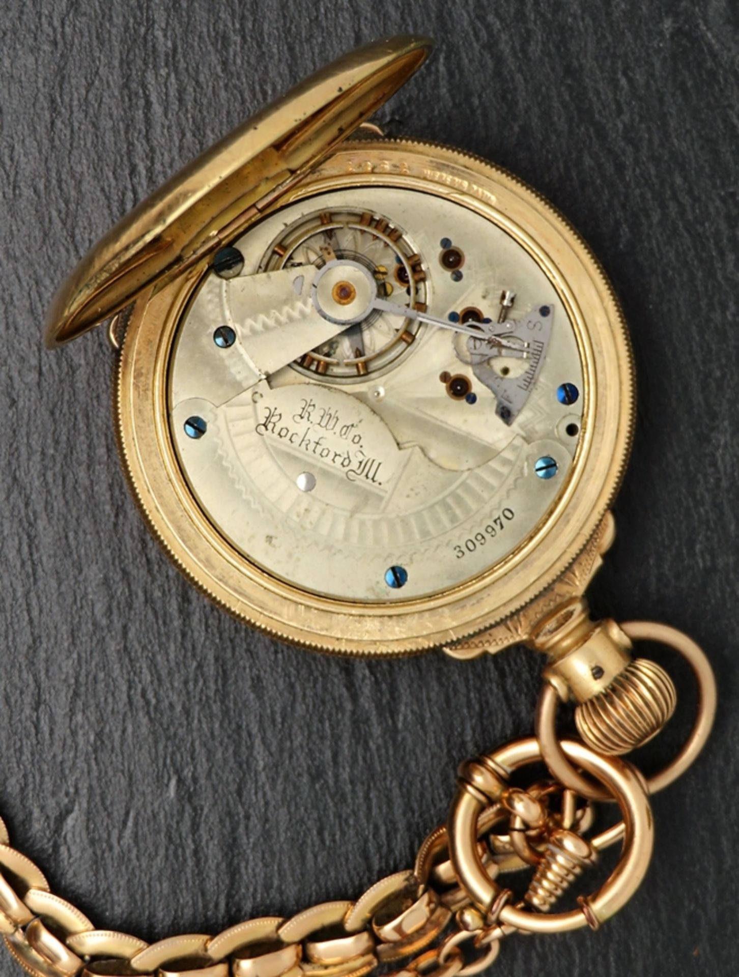 Taschenuhr mit Uhrenkette, Rockford, Gehäuse und Uhrenkette vergoldet, Kronenaufzug, Werk läuft ni - Image 3 of 3