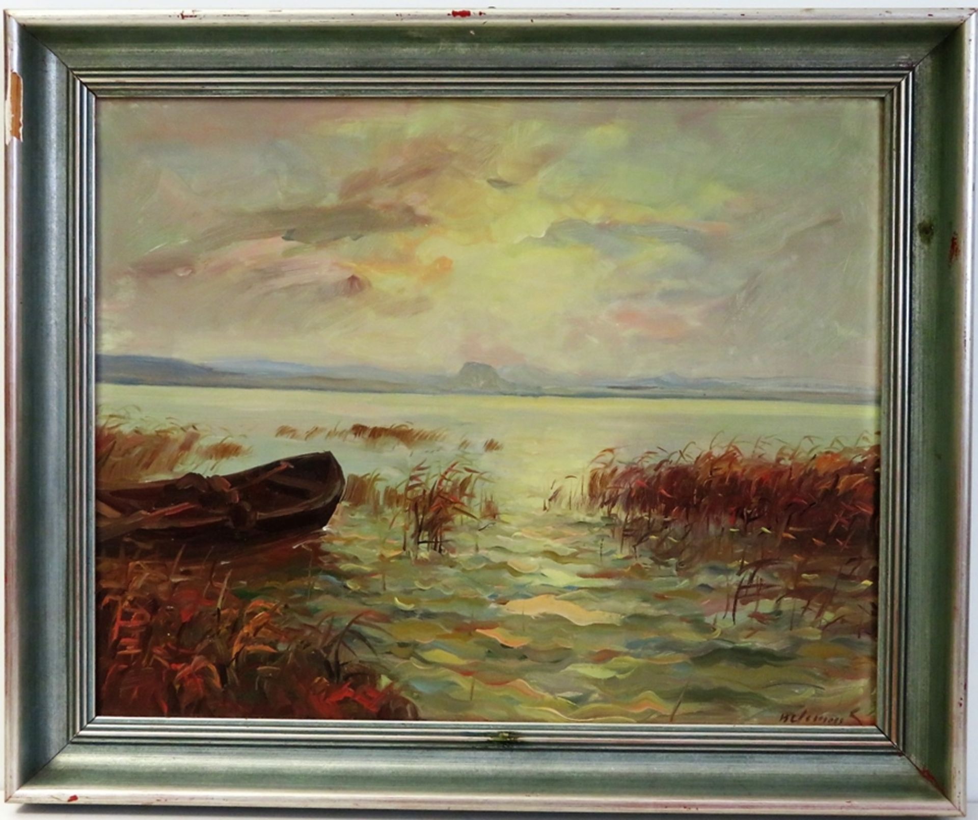 Unleserlich sign., Bodenseemaler, 1. Hälfte 20. Jahrhundert, "Fischerboot am Bodensee mit Blick auf - Bild 2 aus 2