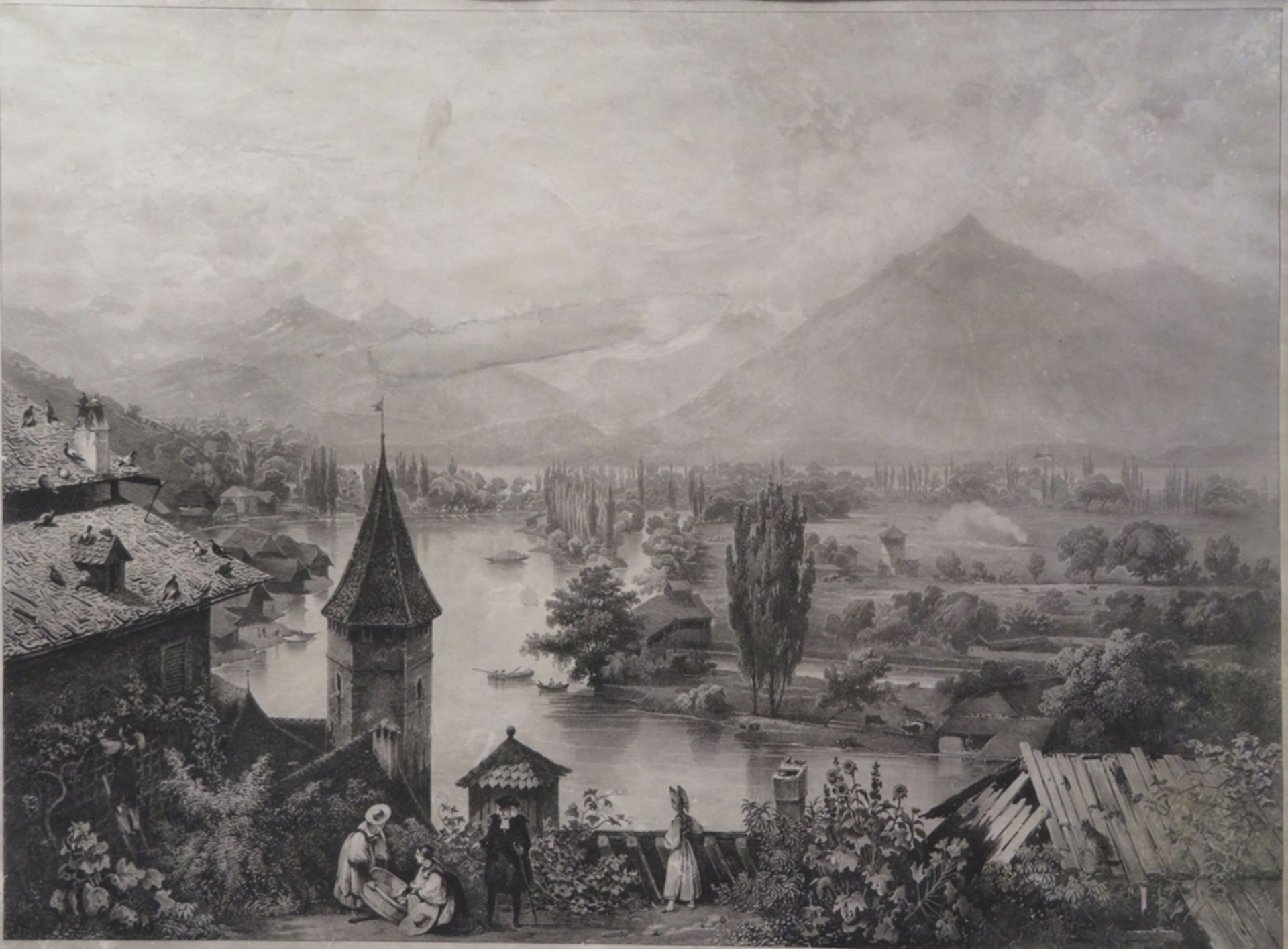 Biedermeier Lithografie, um 1827, "Seenansicht in den Alpen", 41 x 55,5 cm, o.R.