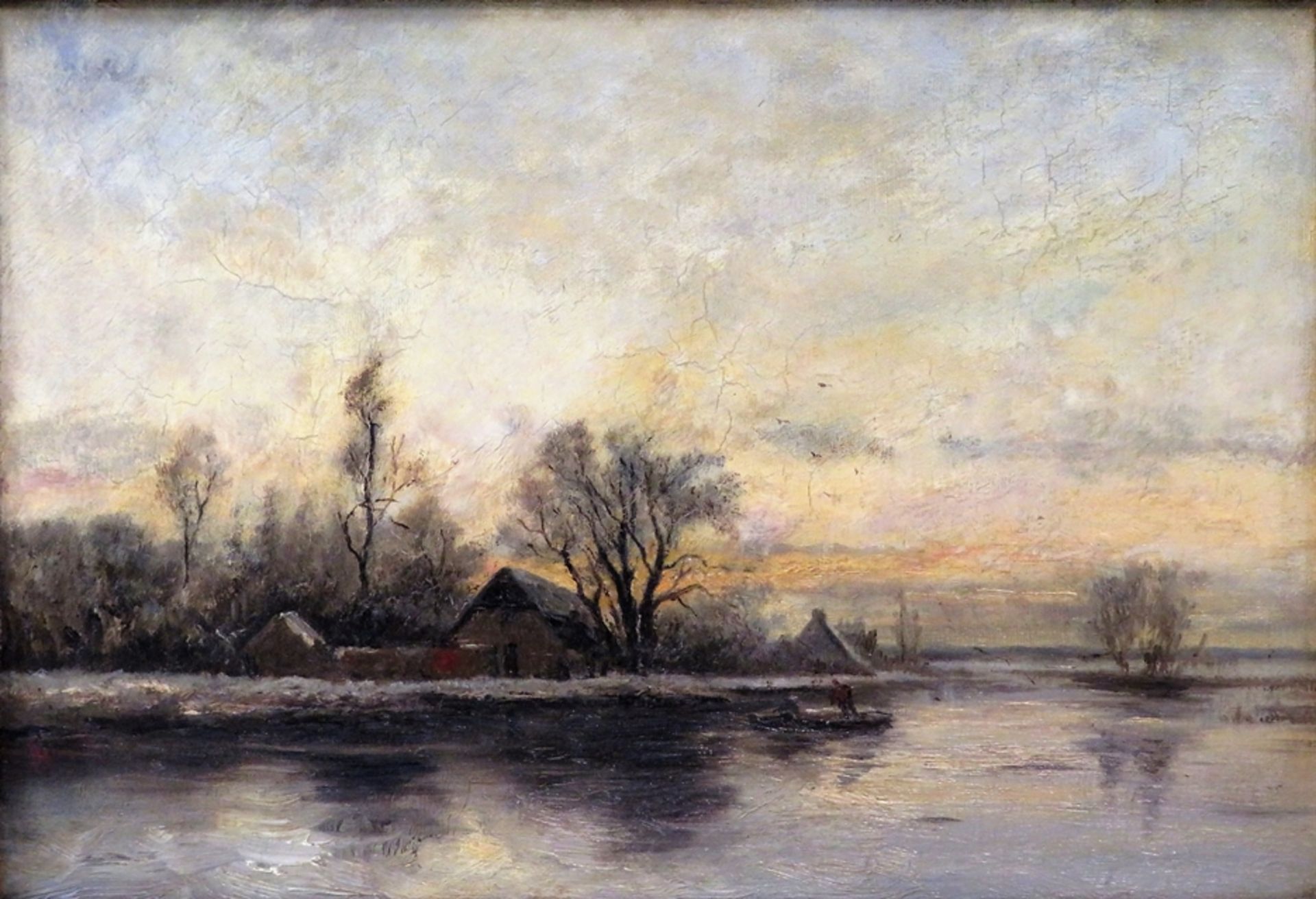 Niederlande, um 1900, "Winterlandschaft am See", li.u.unles.monogr., Öl/Leinwand, Krakelee-Risse, 2