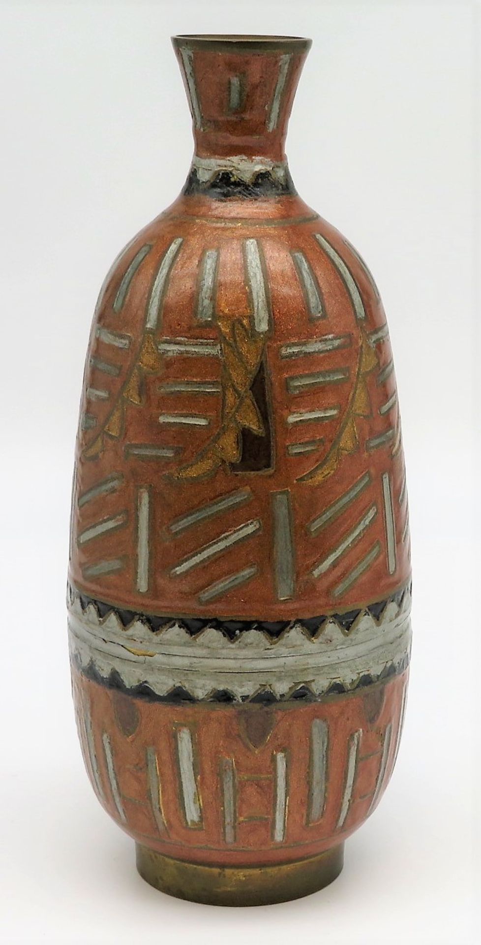 Emaille-Vase, Art Déco, um 1910, Messing mit farbiger Emaillierung, h 26 cm, d 11 cm.