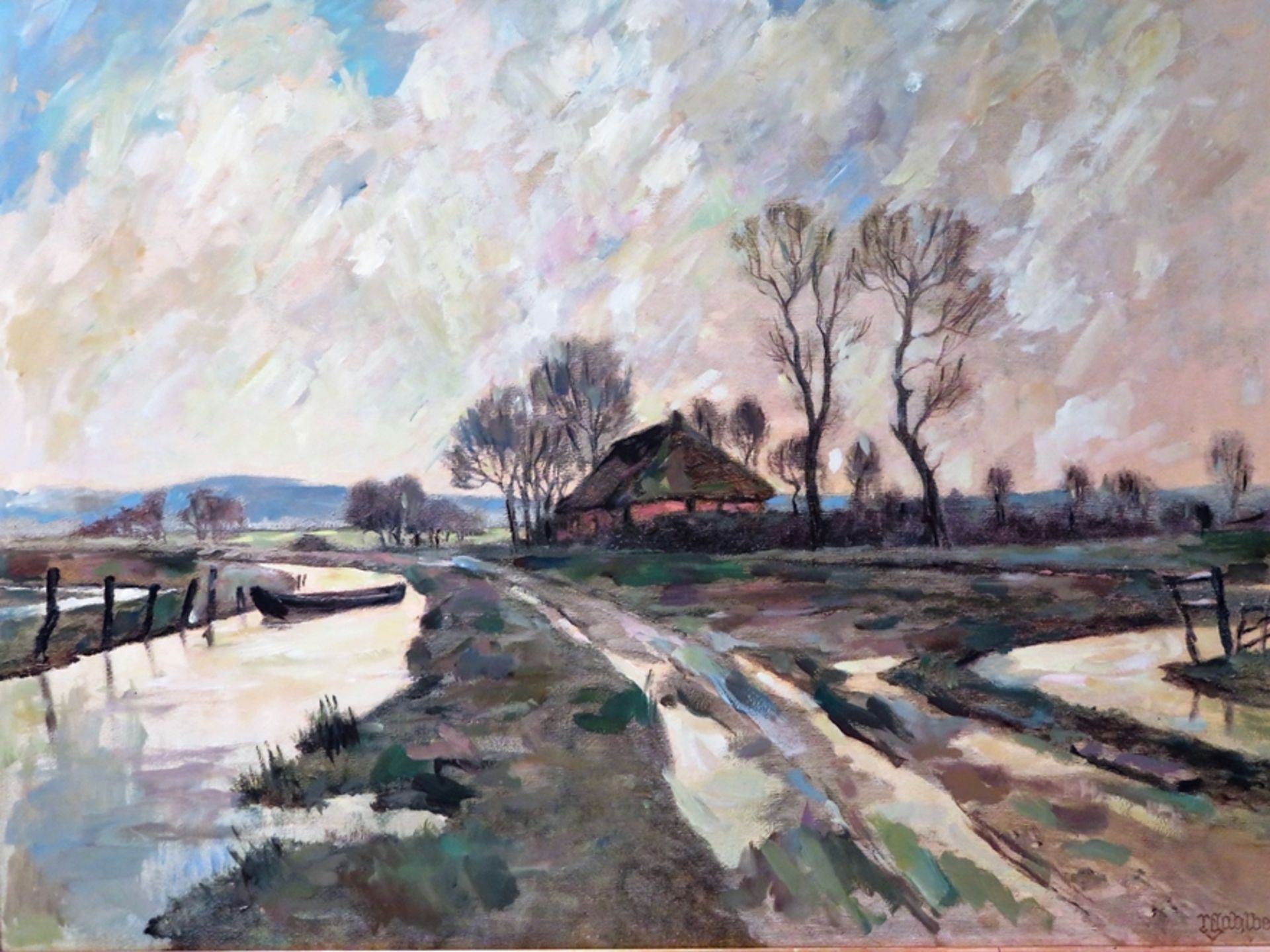 Gahlbeck, Rudolf, 1895 - 1972, Malchow - Schwerin, "Weite Landschaft mit Kate am Fluss", im Druck s