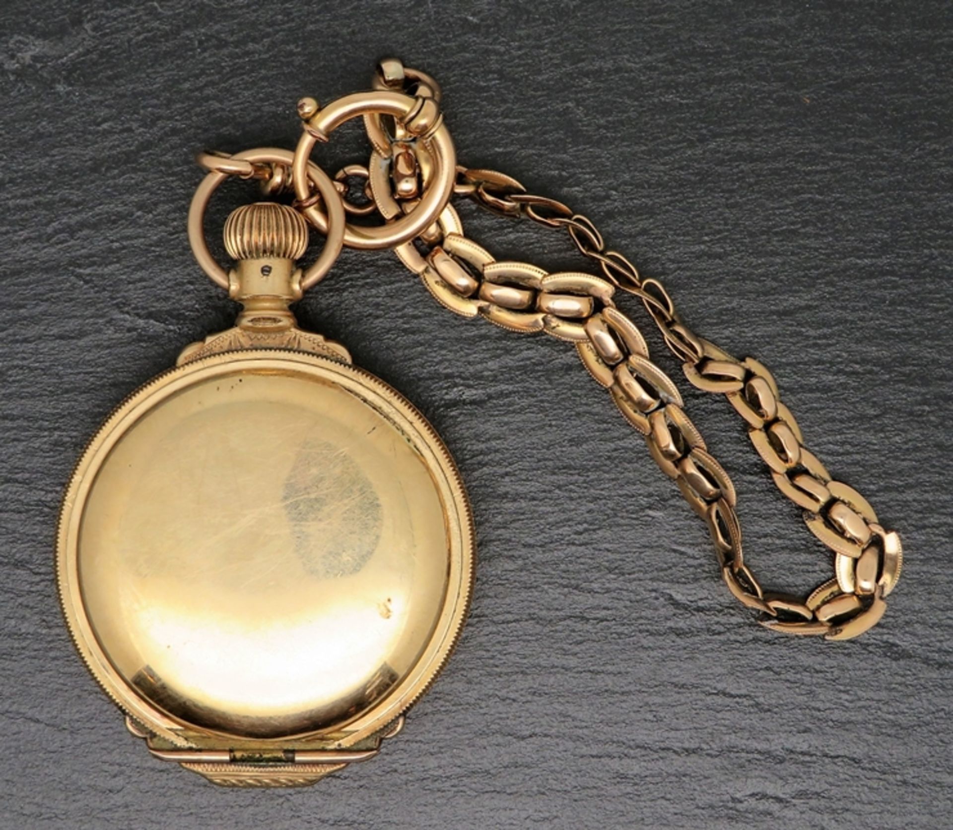 Taschenuhr mit Uhrenkette, Rockford, Gehäuse und Uhrenkette vergoldet, Kronenaufzug, Werk läuft ni - Image 2 of 3