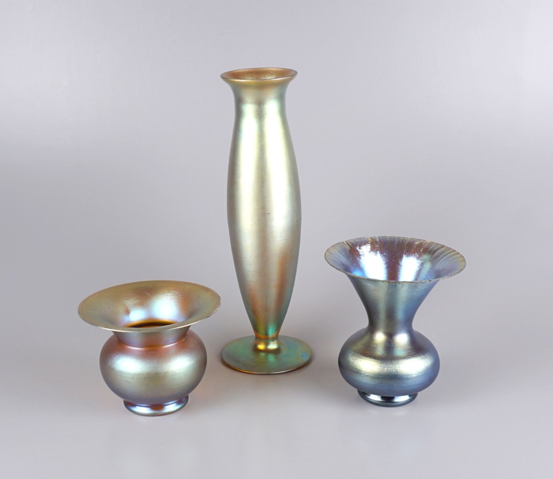 3 Vasen, WMF Myra, Karl Wiedmann (Dekortechnik), 1930er Jahre