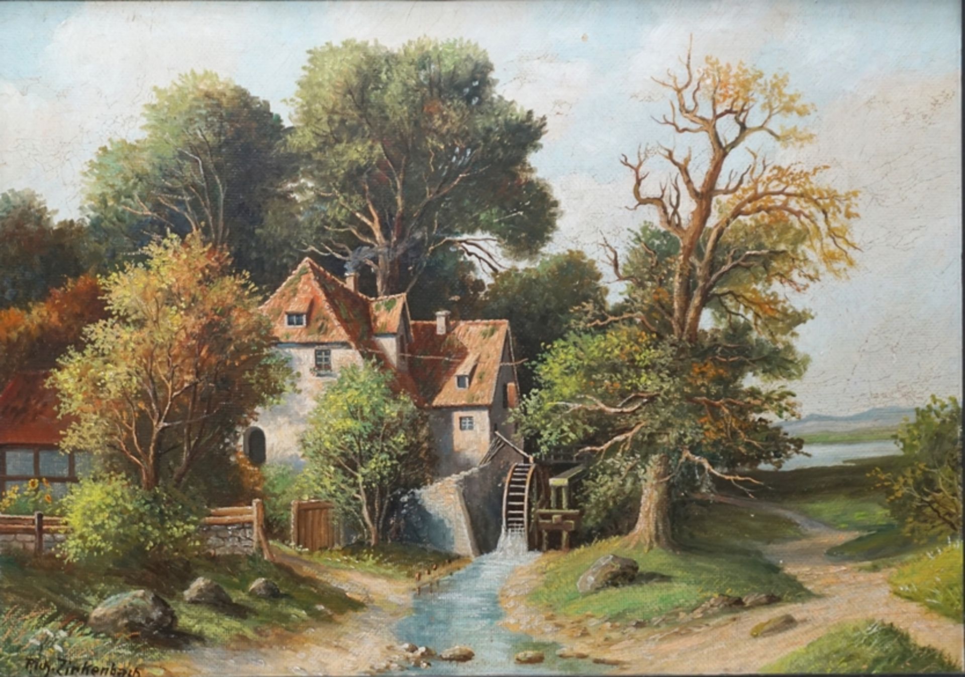 Richard Zirkenbach (Magdeburger Kunstmaler des 20. Jh.), "Wassermühle", ca. 1930, Öl/Hartfaser