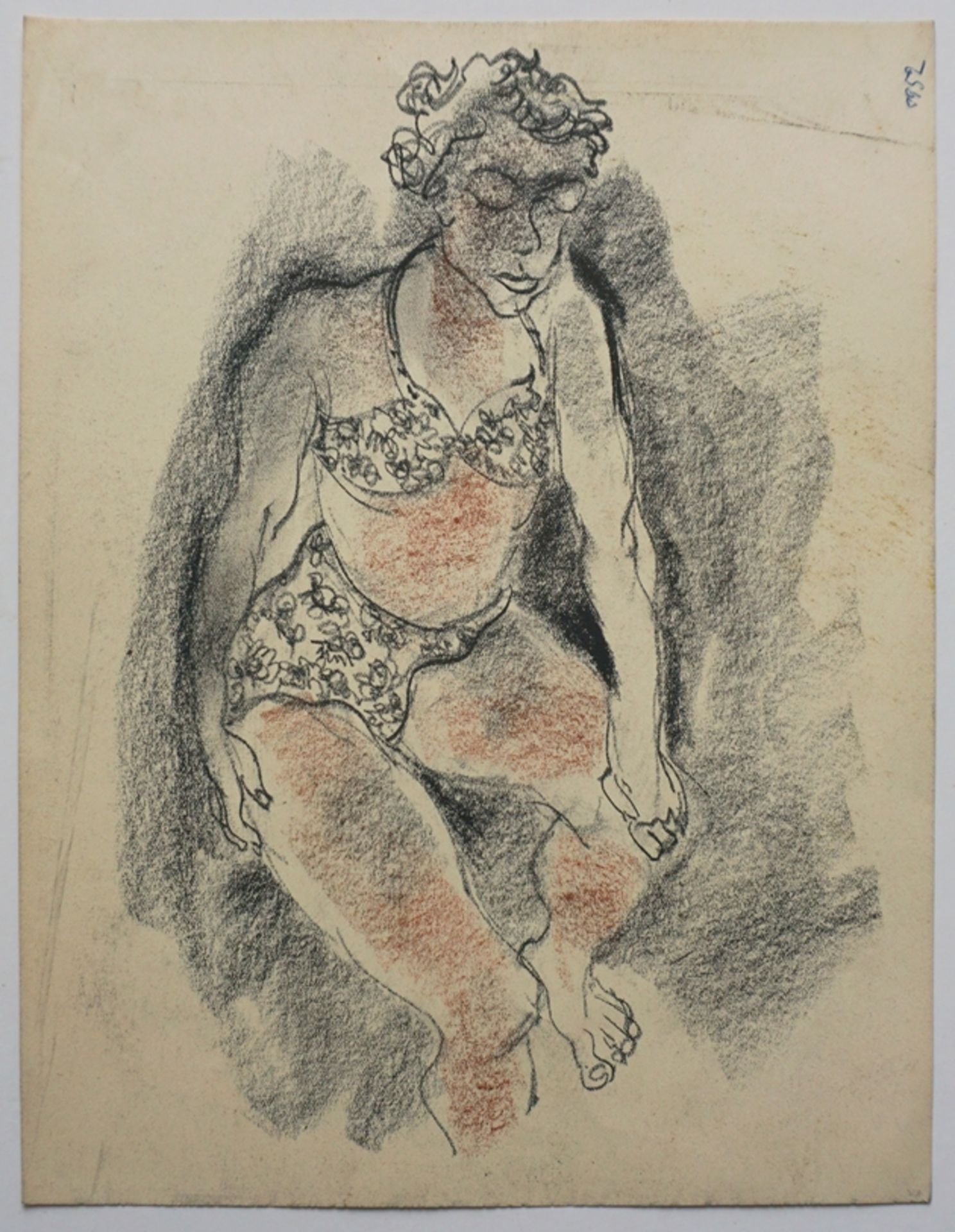 Paul Kuhfuss (1883, Berlin - 1960, ebd.), "Frau im Bikini", 1952, Kohle/Rötel/Papier
