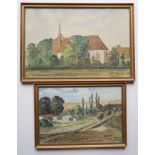 signiert "Grassmé", 2 Aquarelle, "Kirche in und Kühlung bei Arendsee", 1928