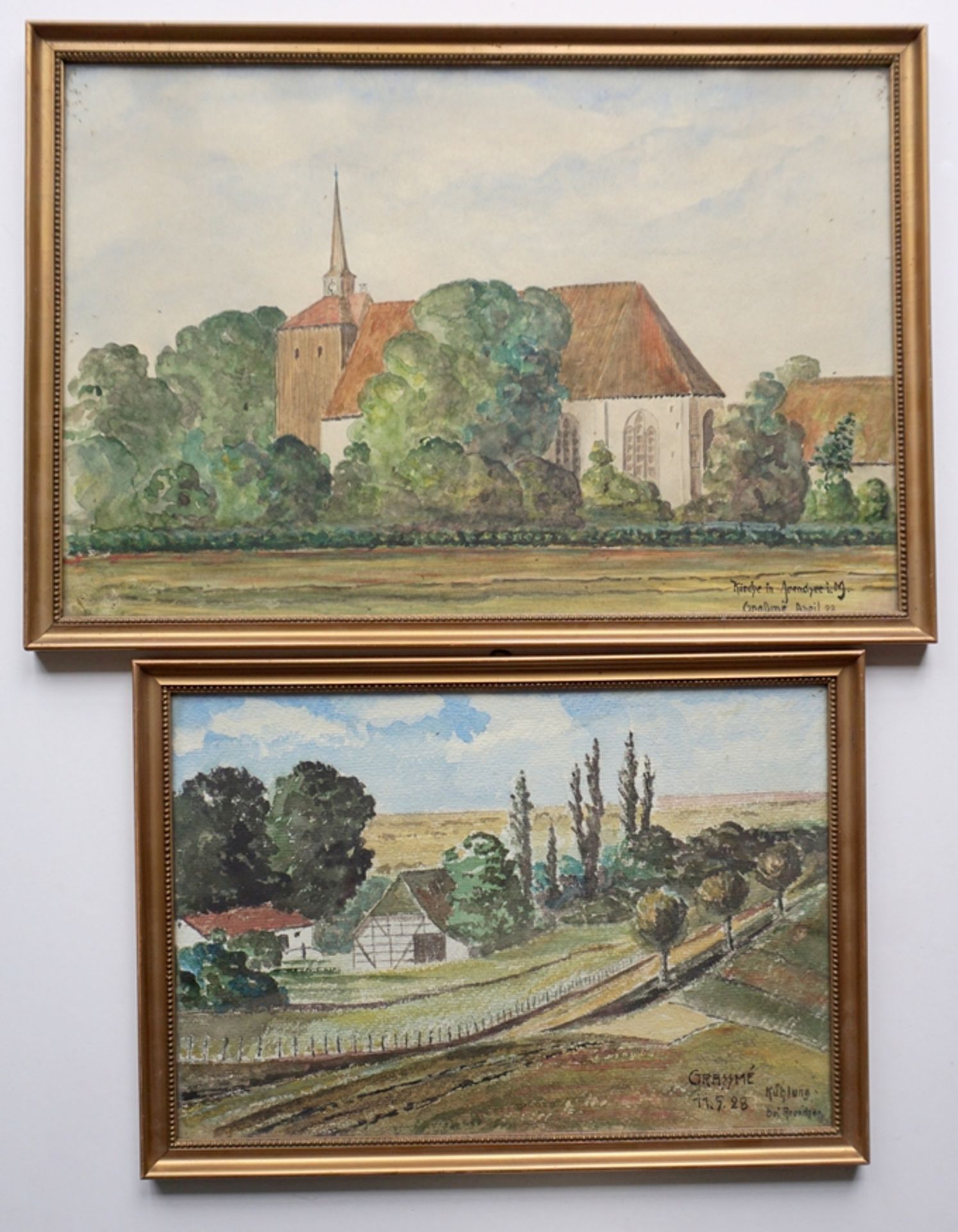 signiert "Grassmé", 2 Aquarelle, "Kirche in und Kühlung bei Arendsee", 1928