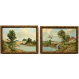 signiert „Beaucourt“, Paar impressionistische Gemälde „Bäuerin am Flusslauf“, spätes 19. Jh., Öl/Le