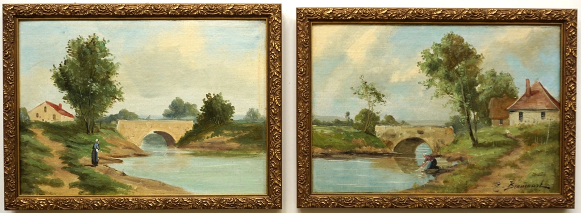 signiert „Beaucourt“, Paar impressionistische Gemälde „Bäuerin am Flusslauf“, spätes 19. Jh., Öl/Le